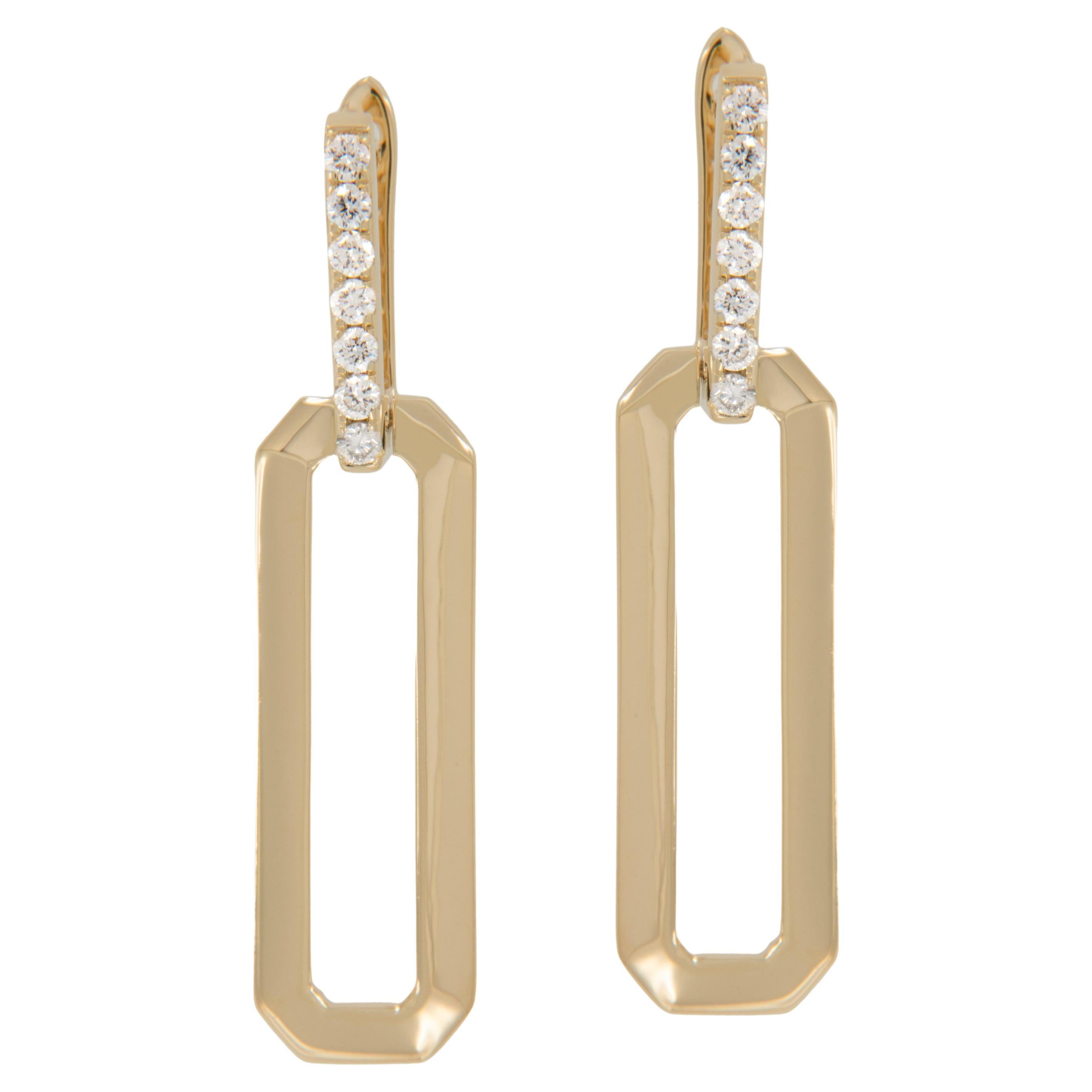 Classic 14 Karat Yellow Gold Rectangle Diamond Accented Dangle Earrings  For Sale