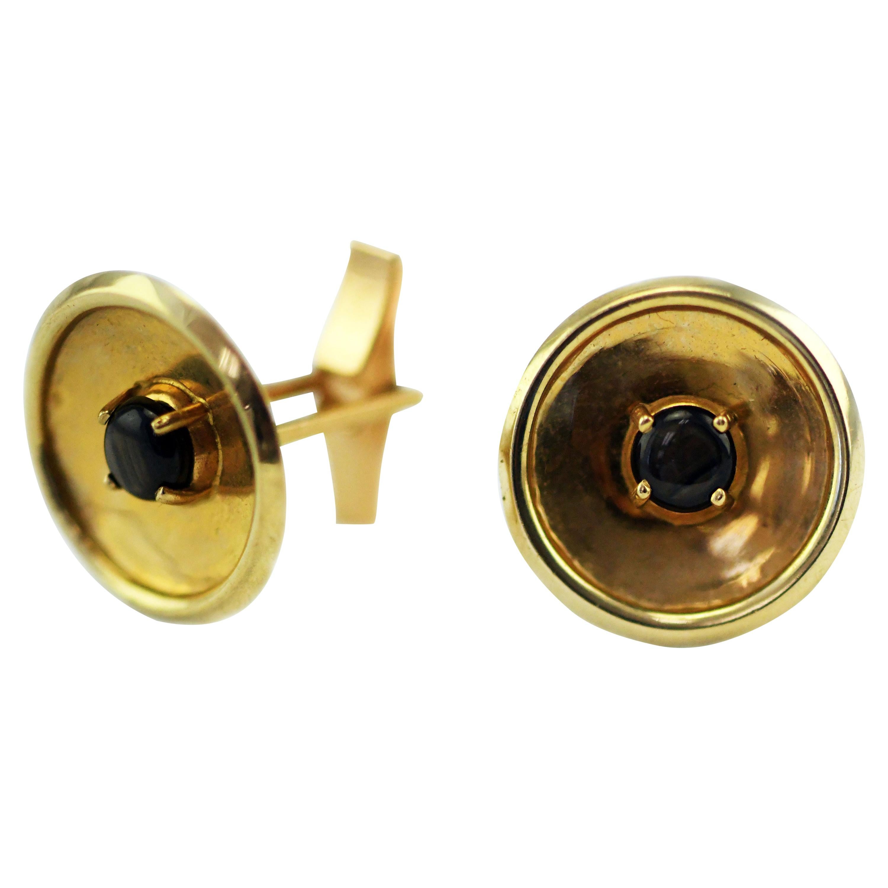 Classic 14 Karat Yellow Gold Round Cufflinks Accented with Black Star Sapphires For Sale