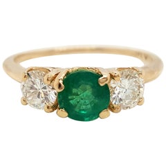 Classic 14 Karat Yellow Gold Three-Stone Emerald and Diamond Ring