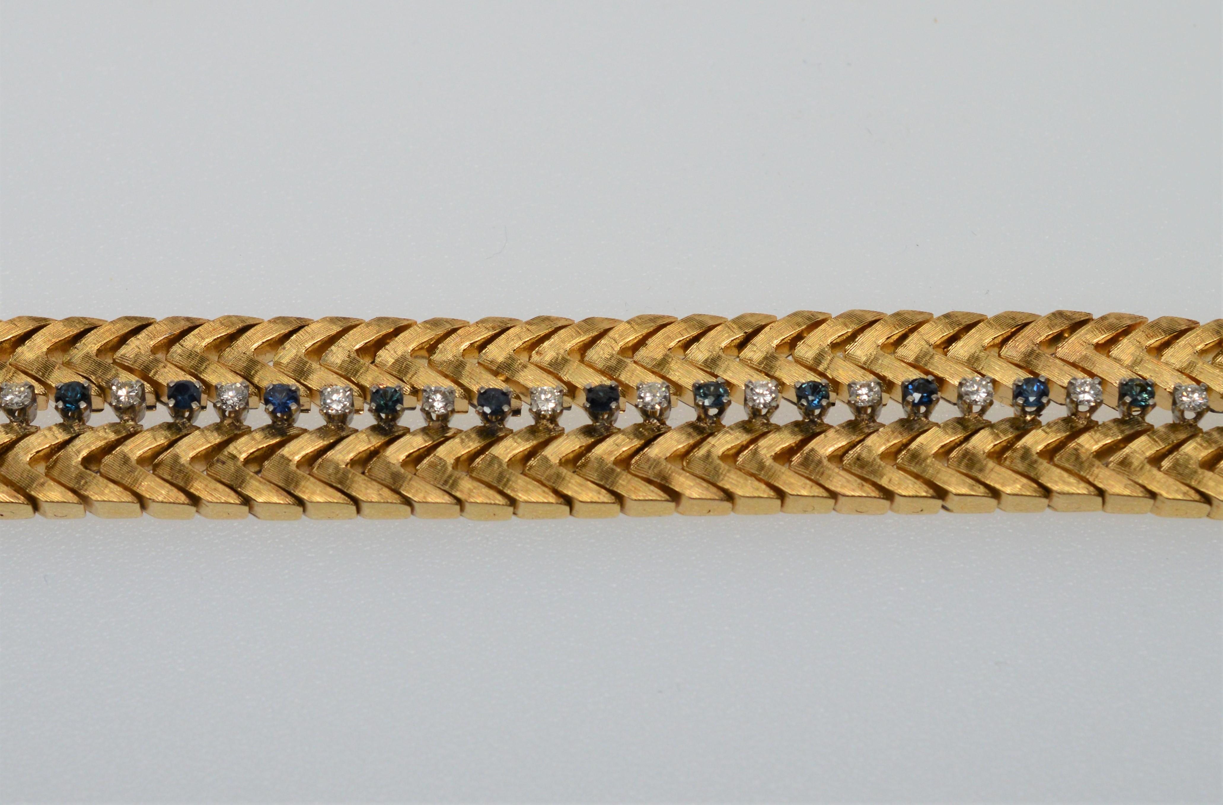 Satin 14K Yellow Gold White Diamond, Blue Sapphire Herringbone Link Bracelet In Excellent Condition For Sale In Mount Kisco, NY