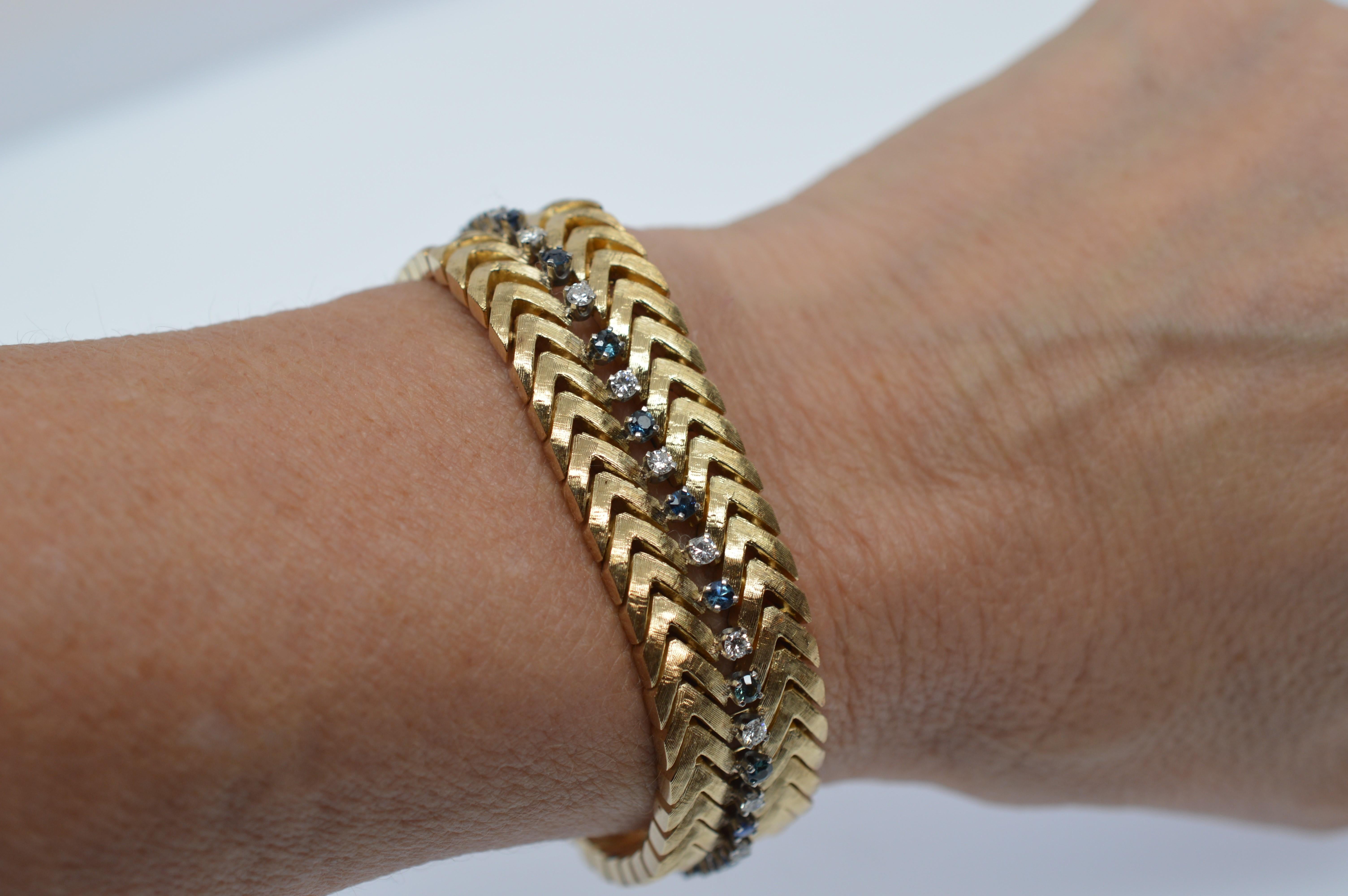Satin 14K Yellow Gold White Diamond, Blue Sapphire Herringbone Link Bracelet For Sale 1