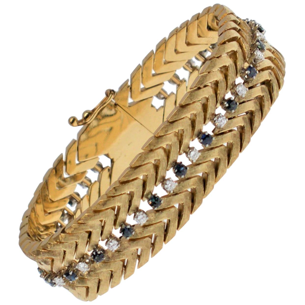 Satin 14K Yellow Gold White Diamond, Blue Sapphire Herringbone Link Bracelet