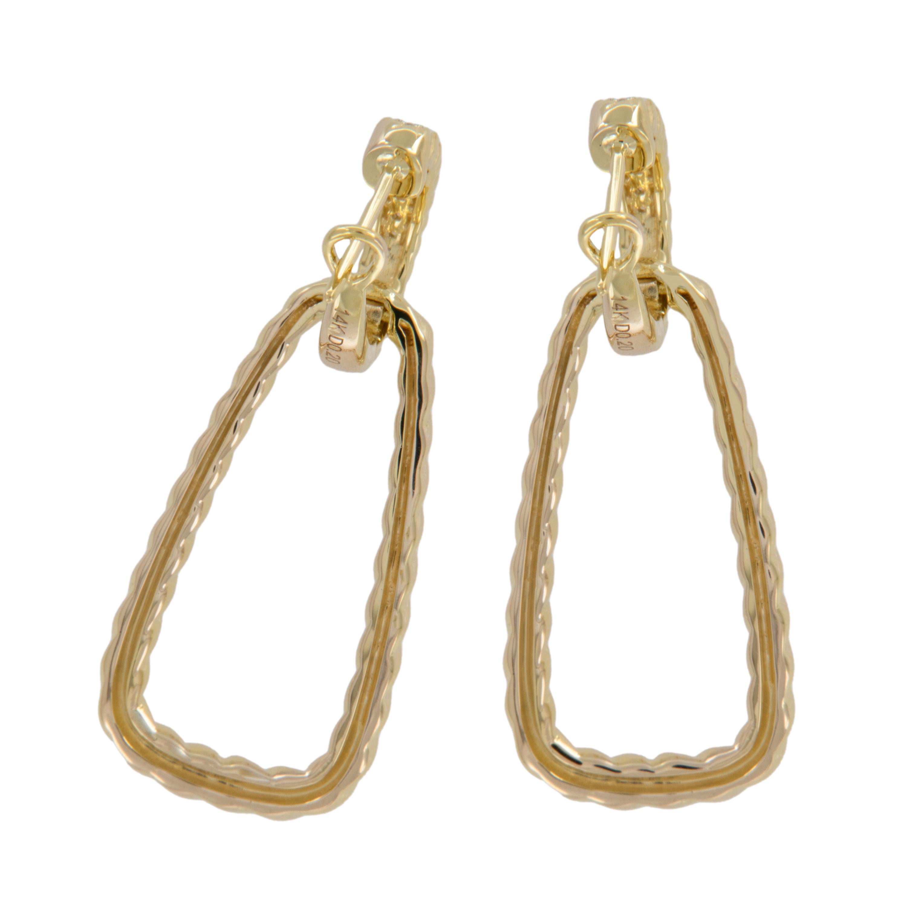 Round Cut Classic 14 Karat Yellow Twisted Gold Dangle 0.20 Cttw. Diamond Earrings 
