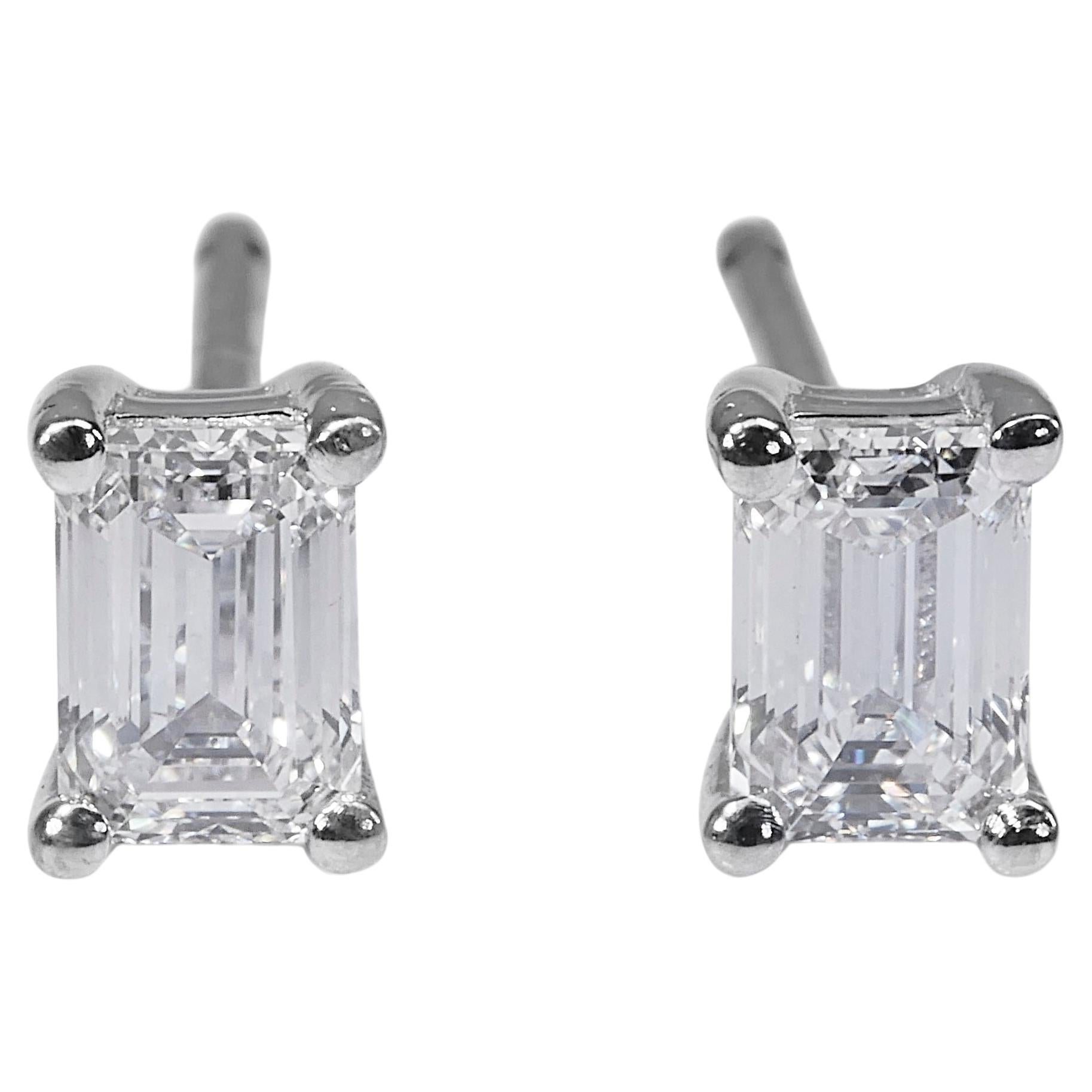 Classic 1.48ct Emerald-Cut Diamond Stud Earrings in 18k White Gold - GIA  For Sale