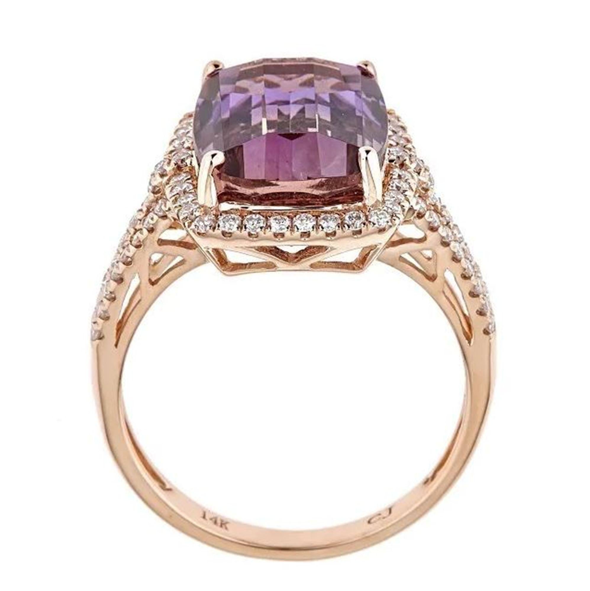 Stunning, timeless and classy eternity Unique Ring. Decorate yourself in luxury with this Gin & Grace Ring. The 14K Rose Gold jewelry boasts with Cushion-cut Ametrine 1 pcs 5.32 carat, Natural Round-cut white Diamond (70 Pcs) 0.44 Carat accent