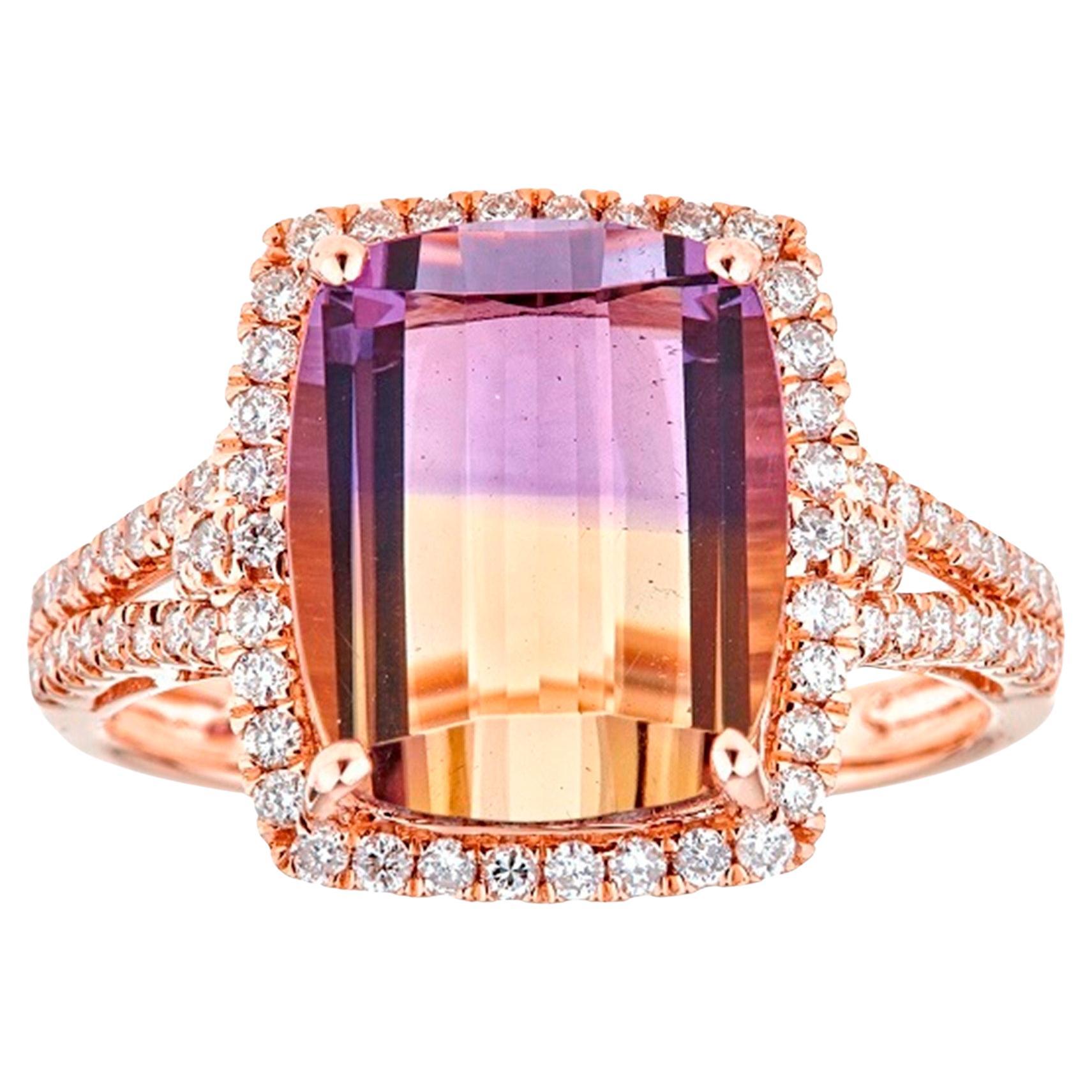 Classic 14k Rose Gold Cushion-Cut Ametrine with White Diamond Accents Ring For Sale