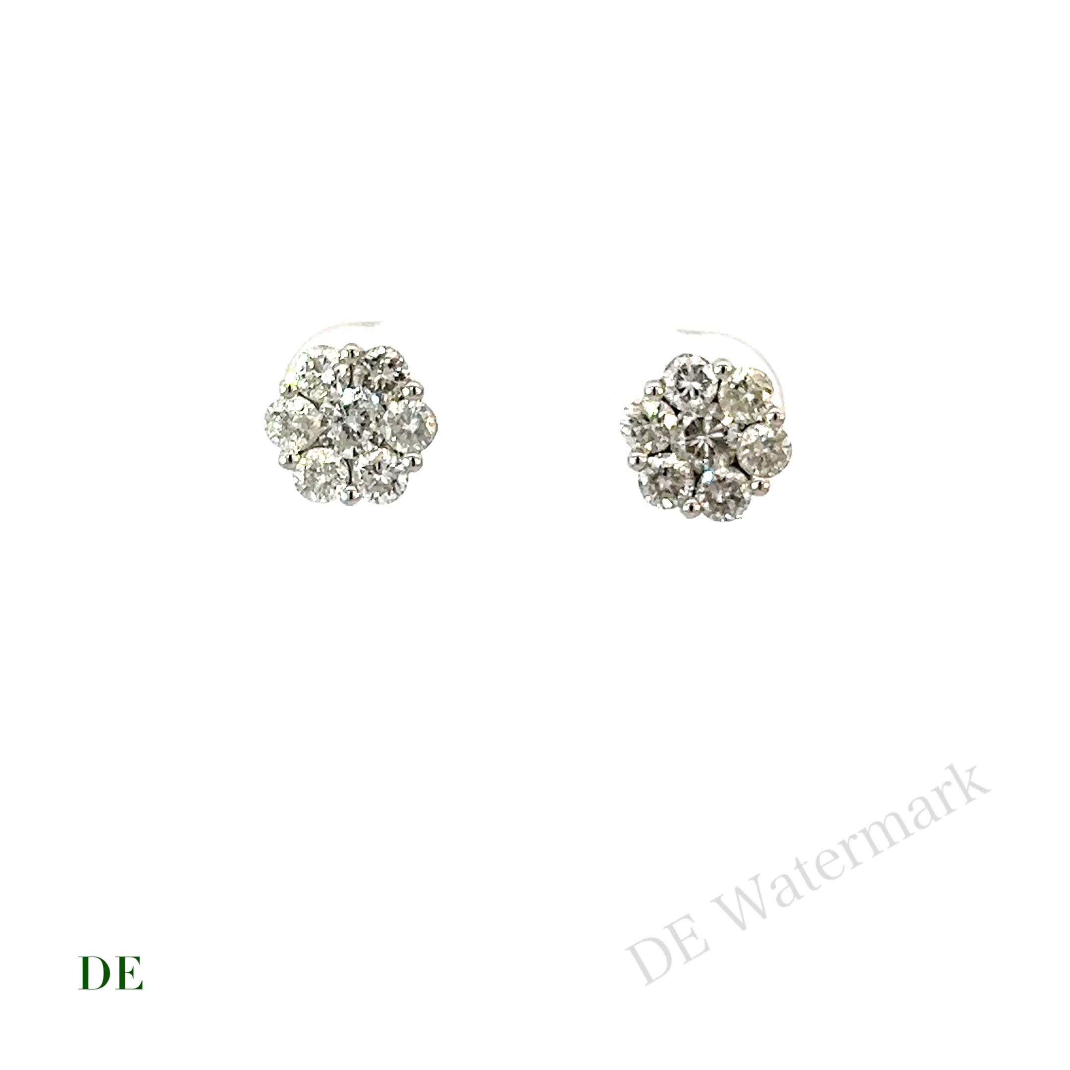 Women's or Men's Classic 14k White Gold 1.28 Carat Diamond Cluster Earring Stud For Sale