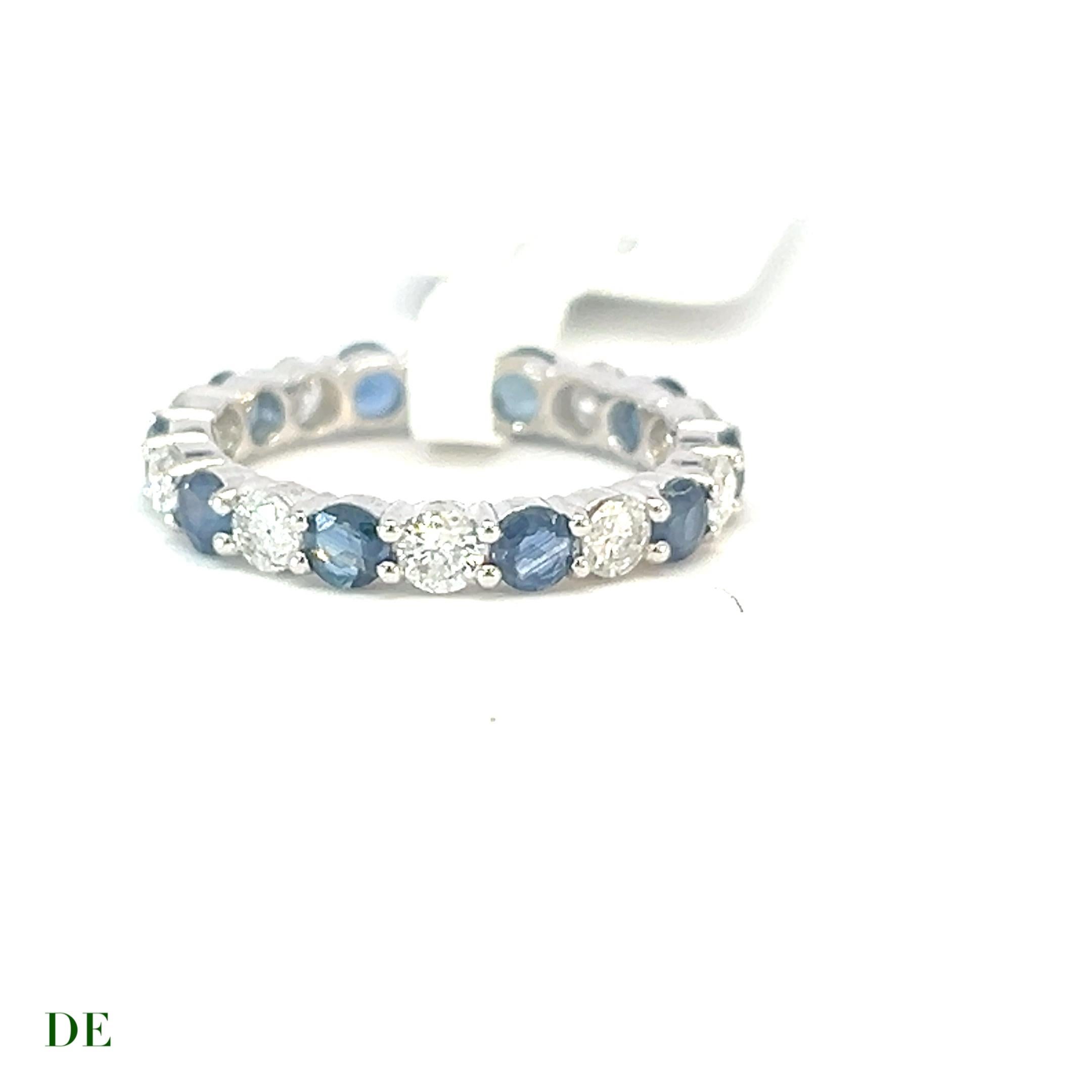 Women's or Men's Classic 14k White Gold 1.415crt Diamond .97 Crt Blue Sapphire Eternity Band Ring For Sale