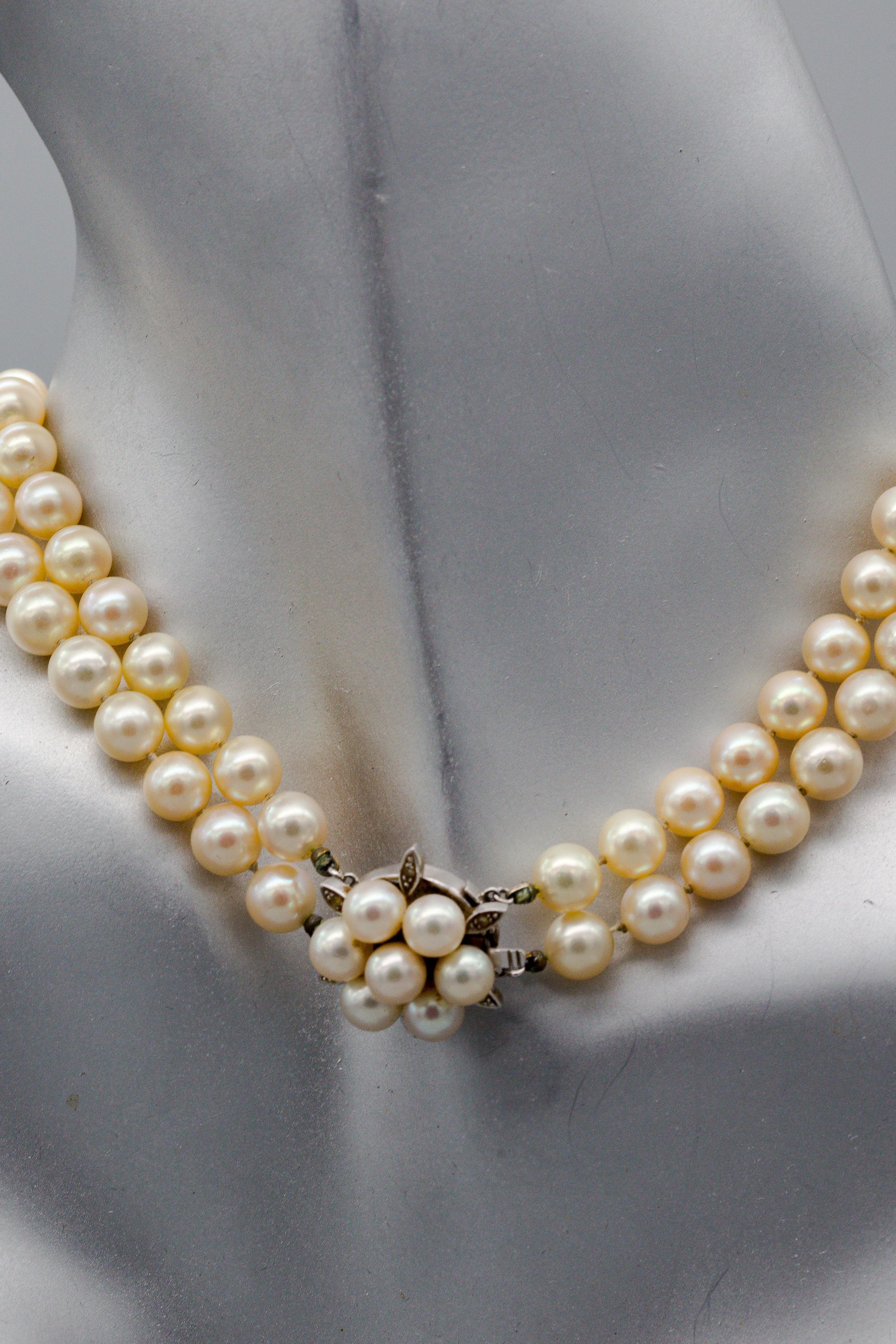 Brilliant Cut Classic 14k White Gold Pearl & Diamond Double Strand Necklace For Sale