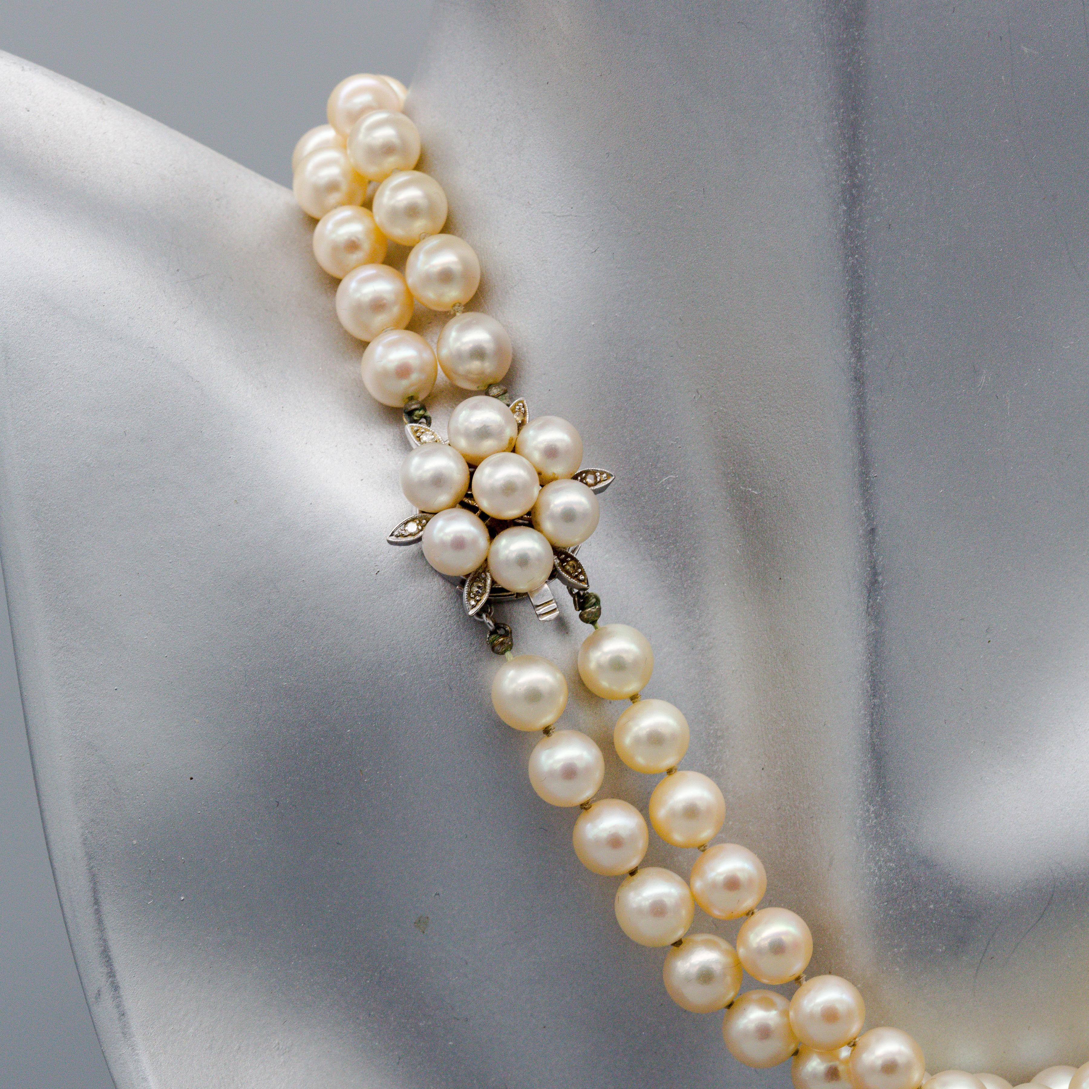 Classic 14k White Gold Pearl & Diamond Double Strand Necklace In Good Condition For Sale In Bernardsville, NJ
