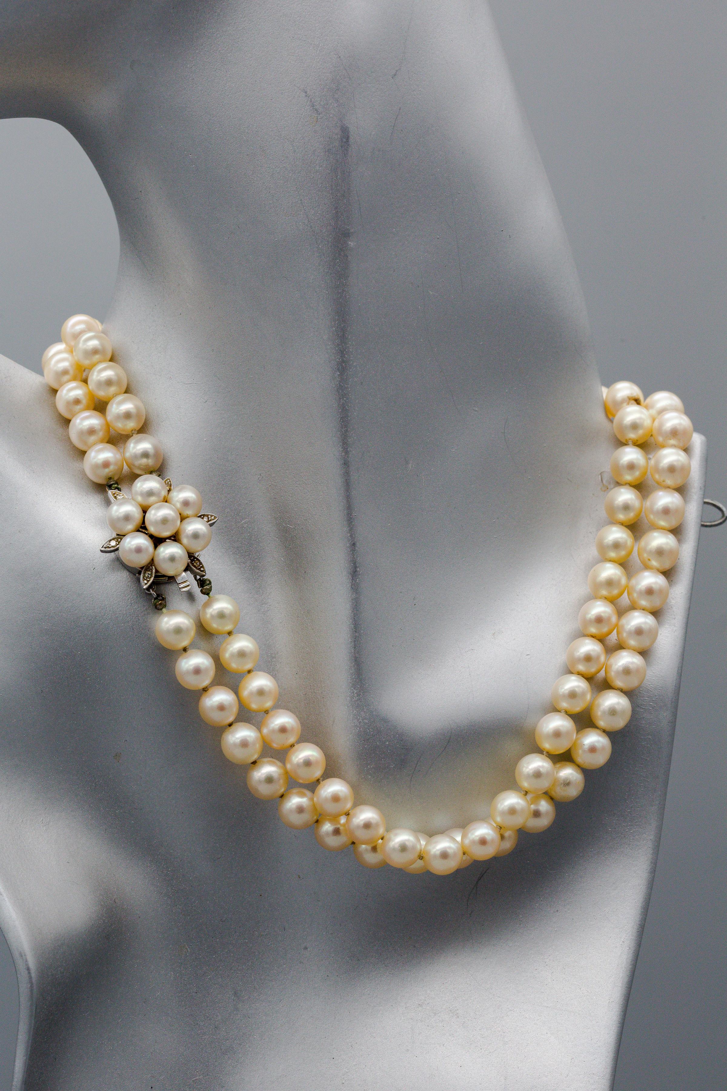 Women's or Men's Classic 14k White Gold Pearl & Diamond Double Strand Necklace For Sale