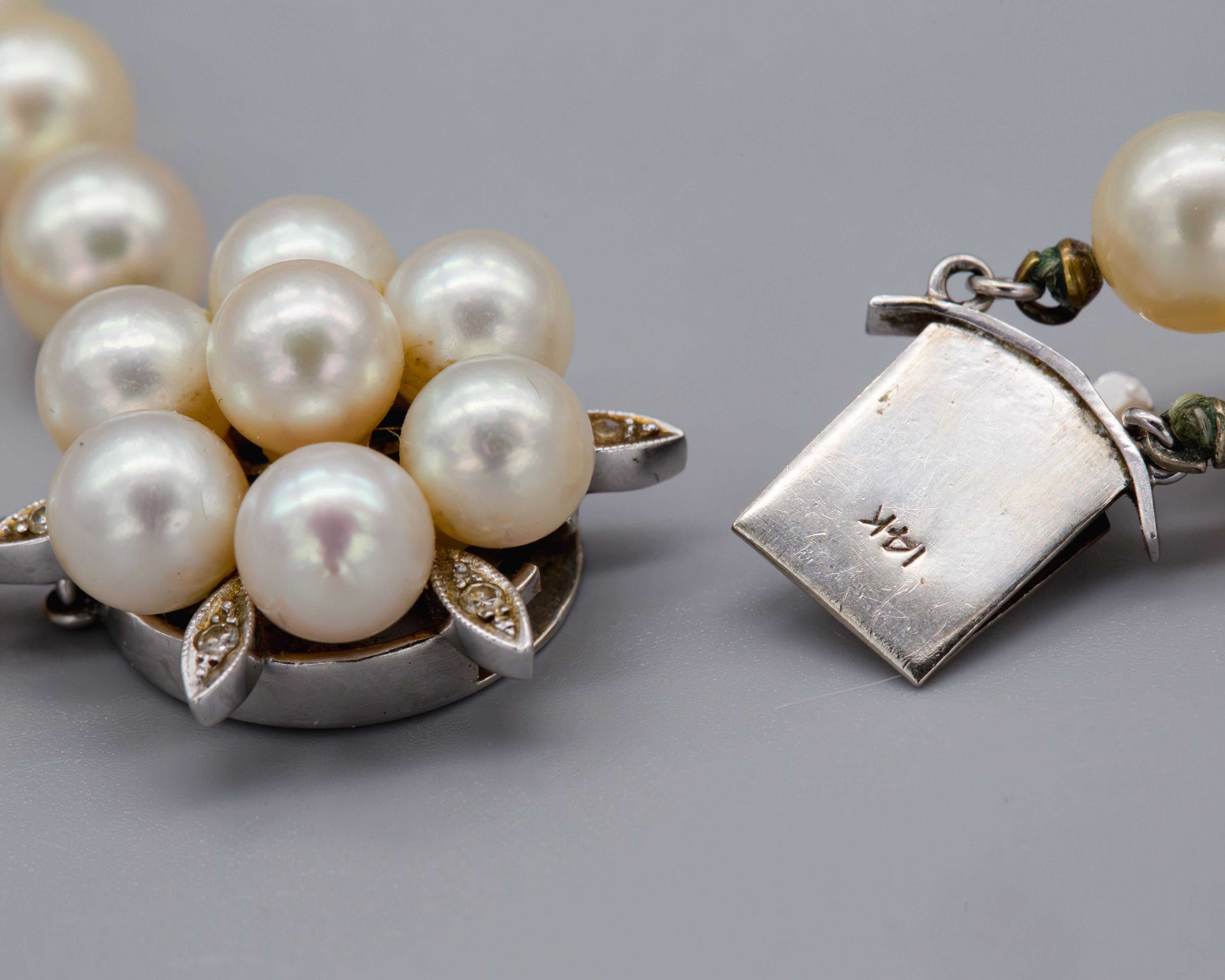 Classic 14k White Gold Pearl & Diamond Double Strand Necklace For Sale 1