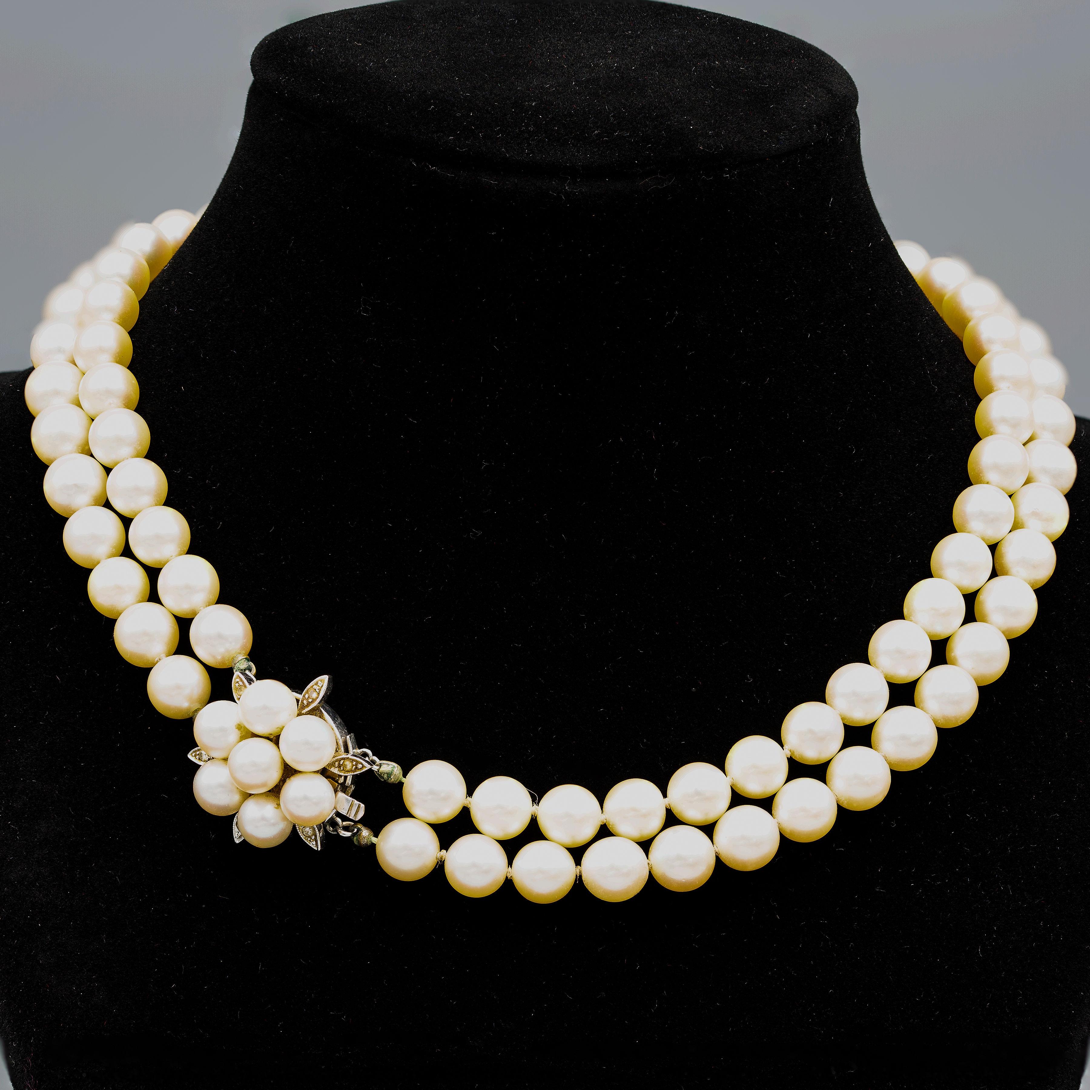 Classic 14k White Gold Pearl & Diamond Double Strand Necklace For Sale 2