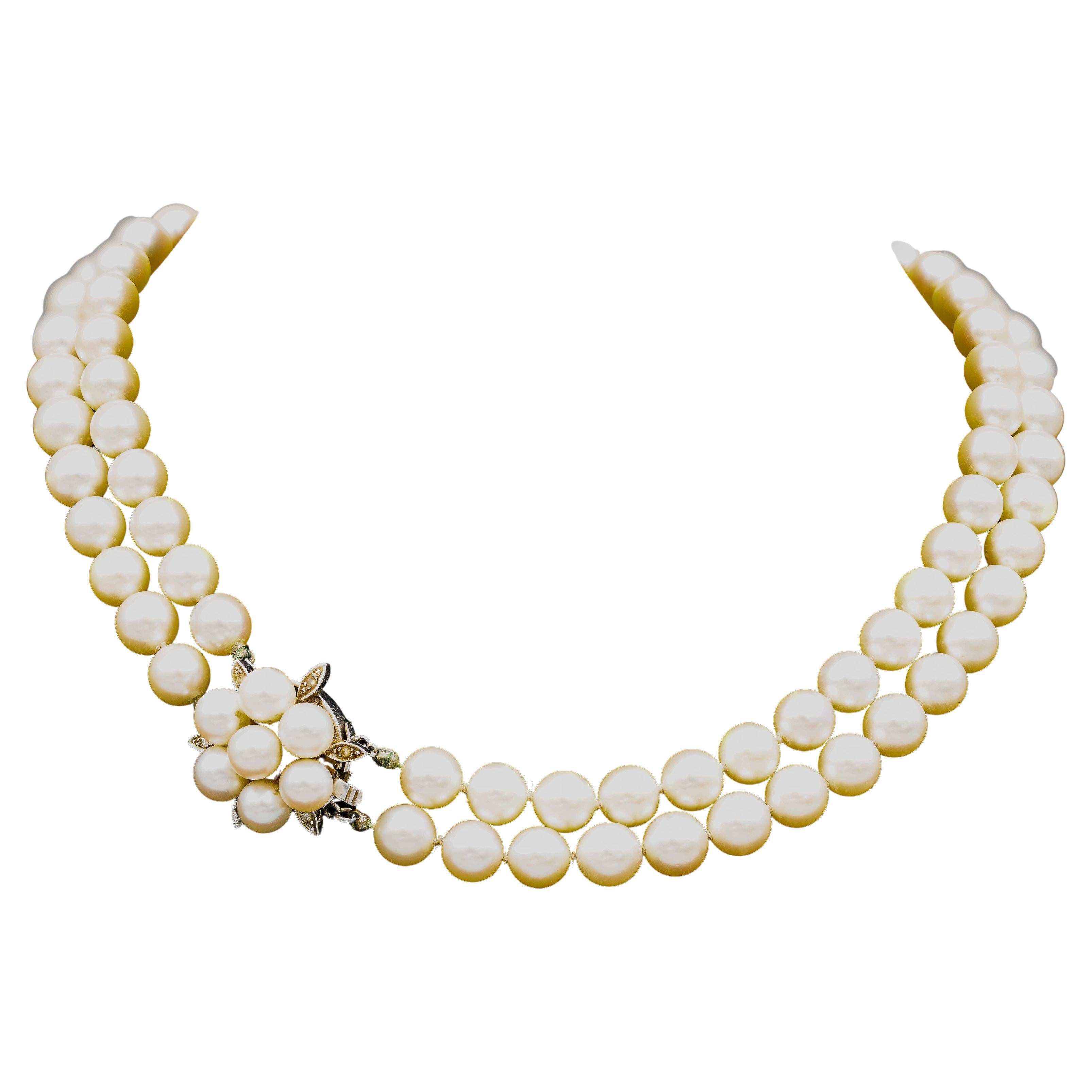 Classic 14k White Gold Pearl & Diamond Double Strand Necklace