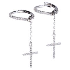 Vintage Classic 14k White Gold Round-cut White Diamond Accents Hoop Earring