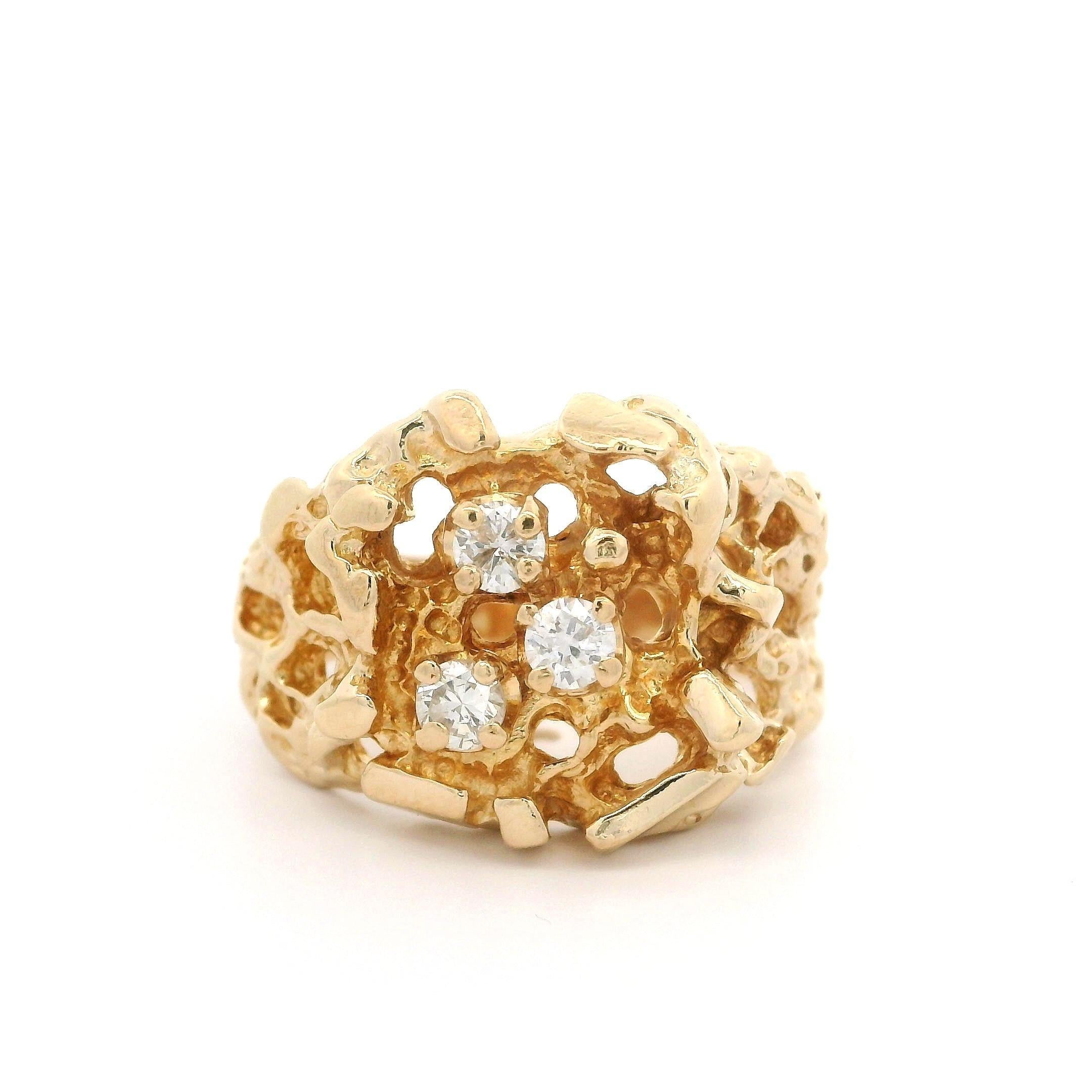 Classic 14k Yellow Gold 0.30ctw Diamond Wide Nugget Texture Statement Ring