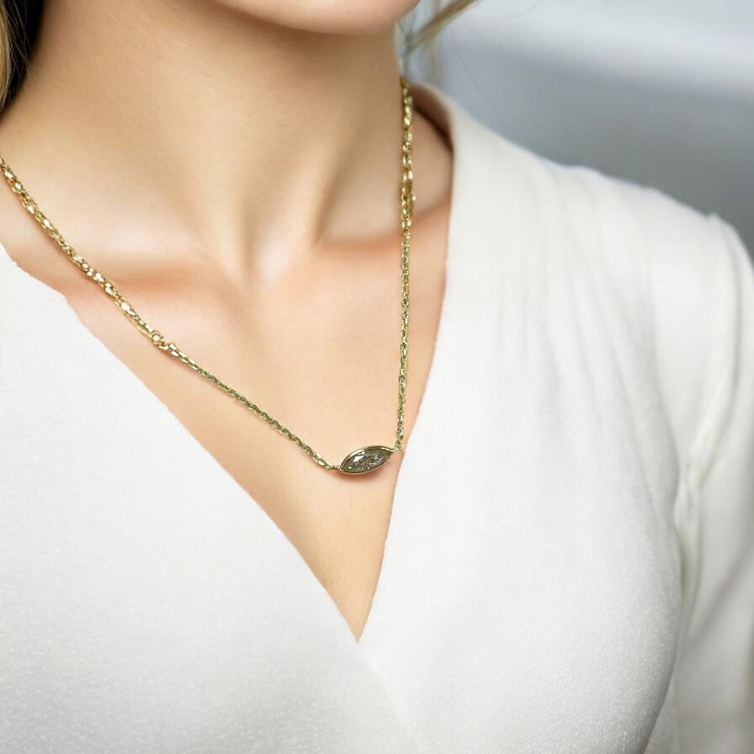 Marquise Cut Classic 14K Yellow Gold 0.55ct Marquise Natural Diamond Bezeled Necklace For Sale