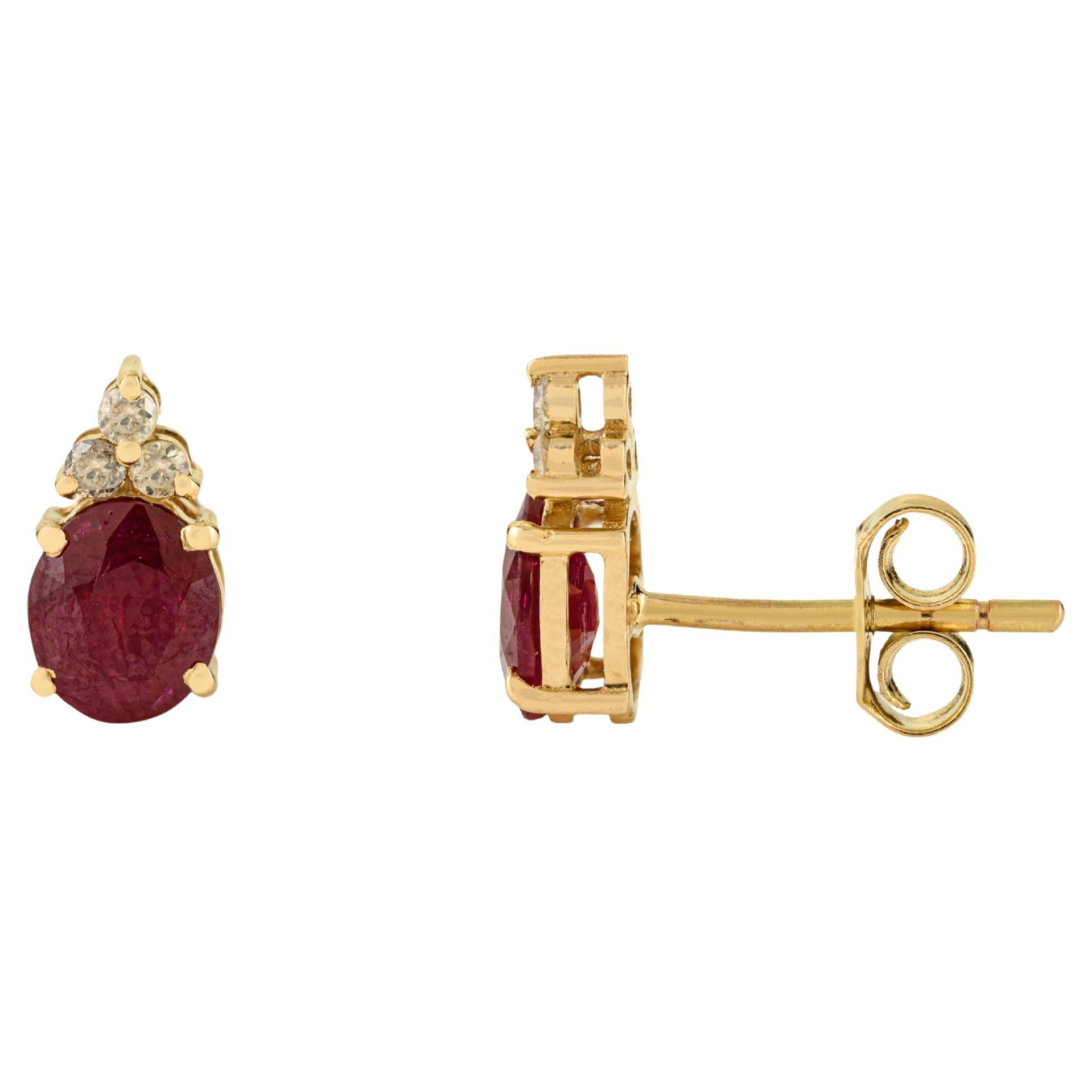Classic 14K Yellow Gold 1.75Ct Natural Ruby
Diamond Stud Ears Fine Jewelry (Boucles d
oreilles rubis naturel et diamant)