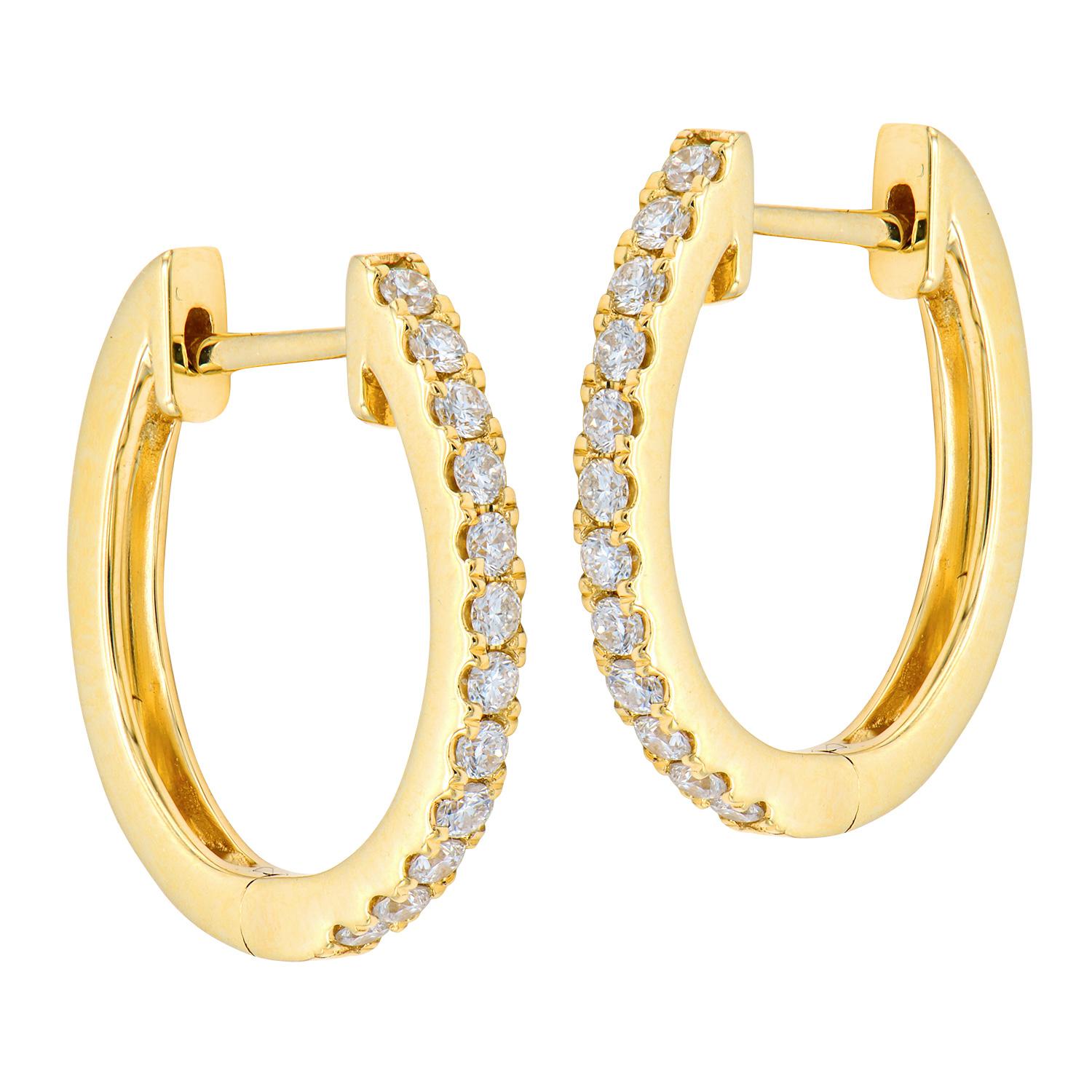 Contemporary Classic 14K Yellow Gold and Diamond Hoops For Sale