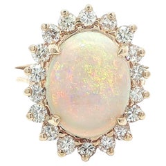 Classic 14k Yellow Gold Large Nice Color Opal / 1ct Diamond Halo Ring