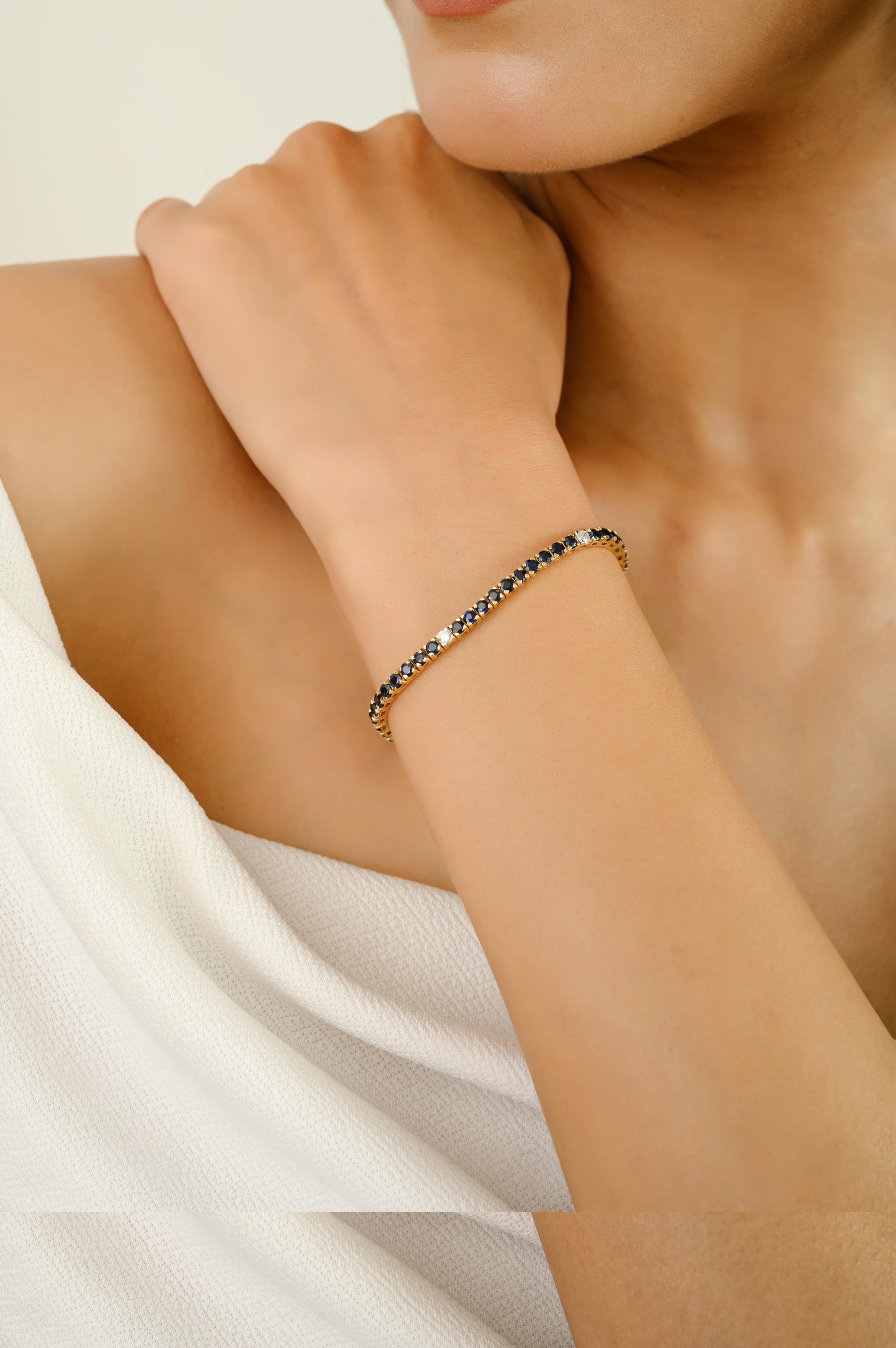 Elevate your jewelry collection with this classic 14k yellow gold tennis bracelet, masterfully crafted with a stunning combination of natural blue sapphires 5.85 carats and brilliant-cut diamonds 0.34 carats. Each vivid sapphire is perfectly