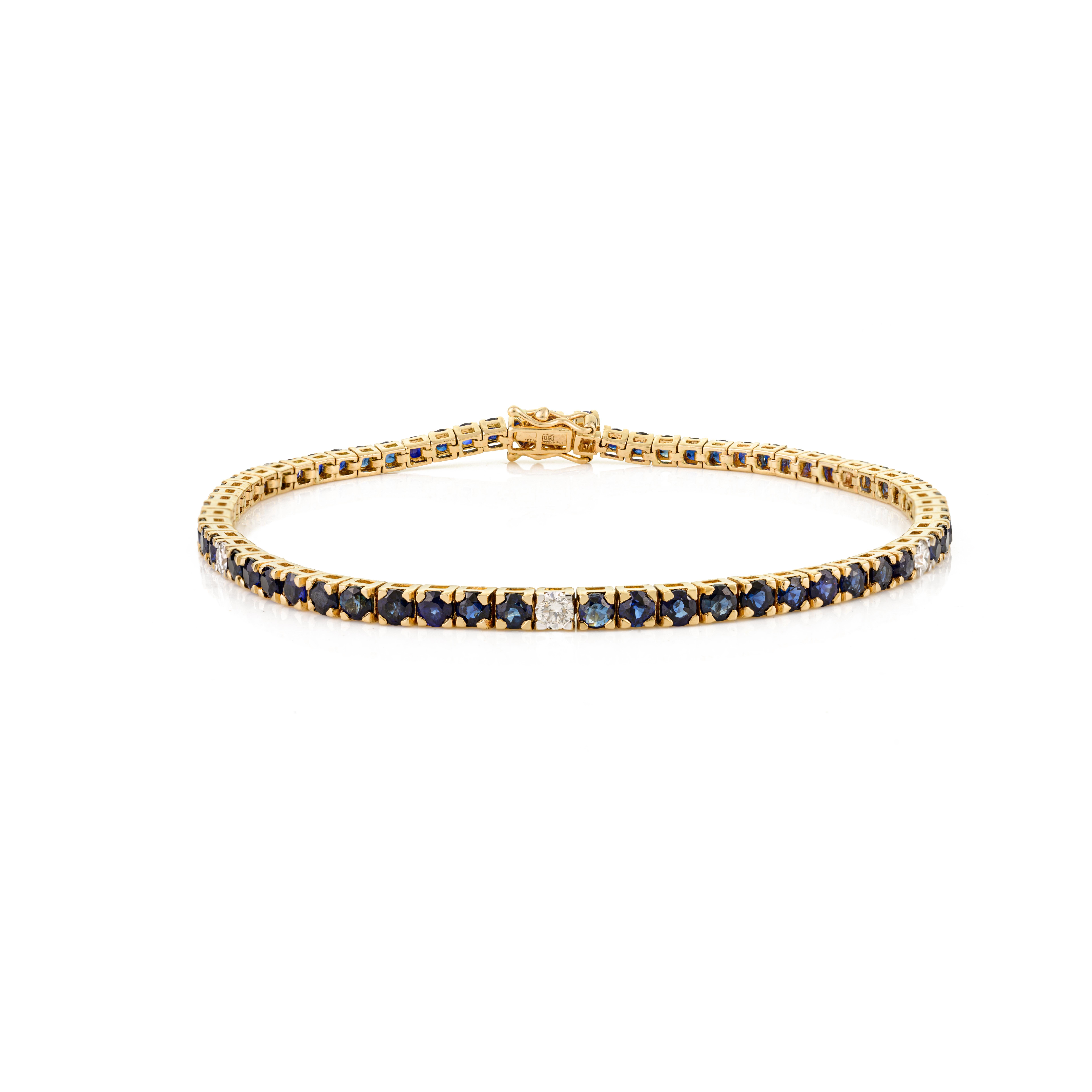 Classic 14k Yellow Gold Natural Blue Sapphire and Diamond Tennis Bracelet In New Condition For Sale In New York, NY