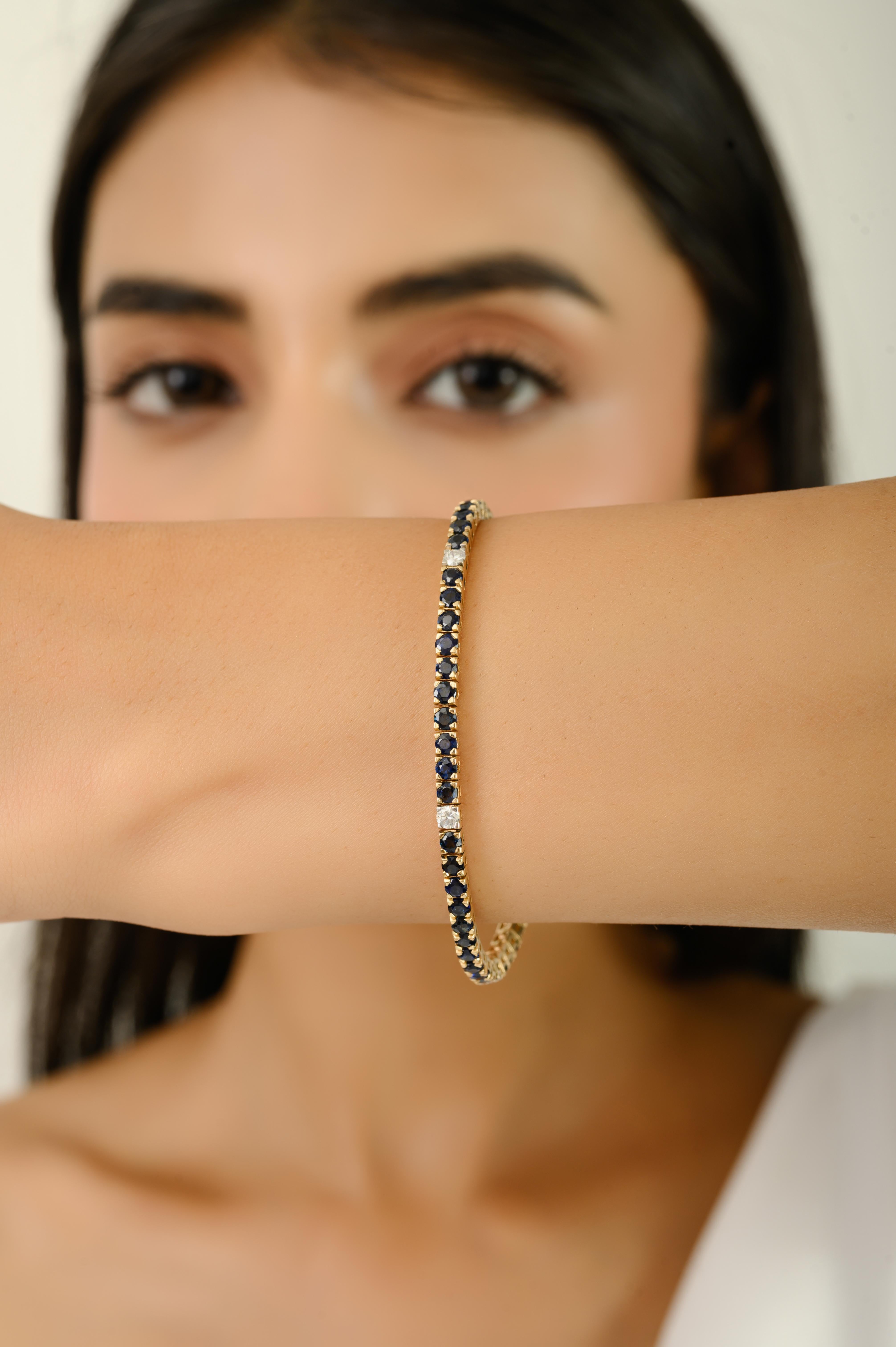 Women's Classic 14k Yellow Gold Natural Blue Sapphire and Diamond Tennis Bracelet For Sale