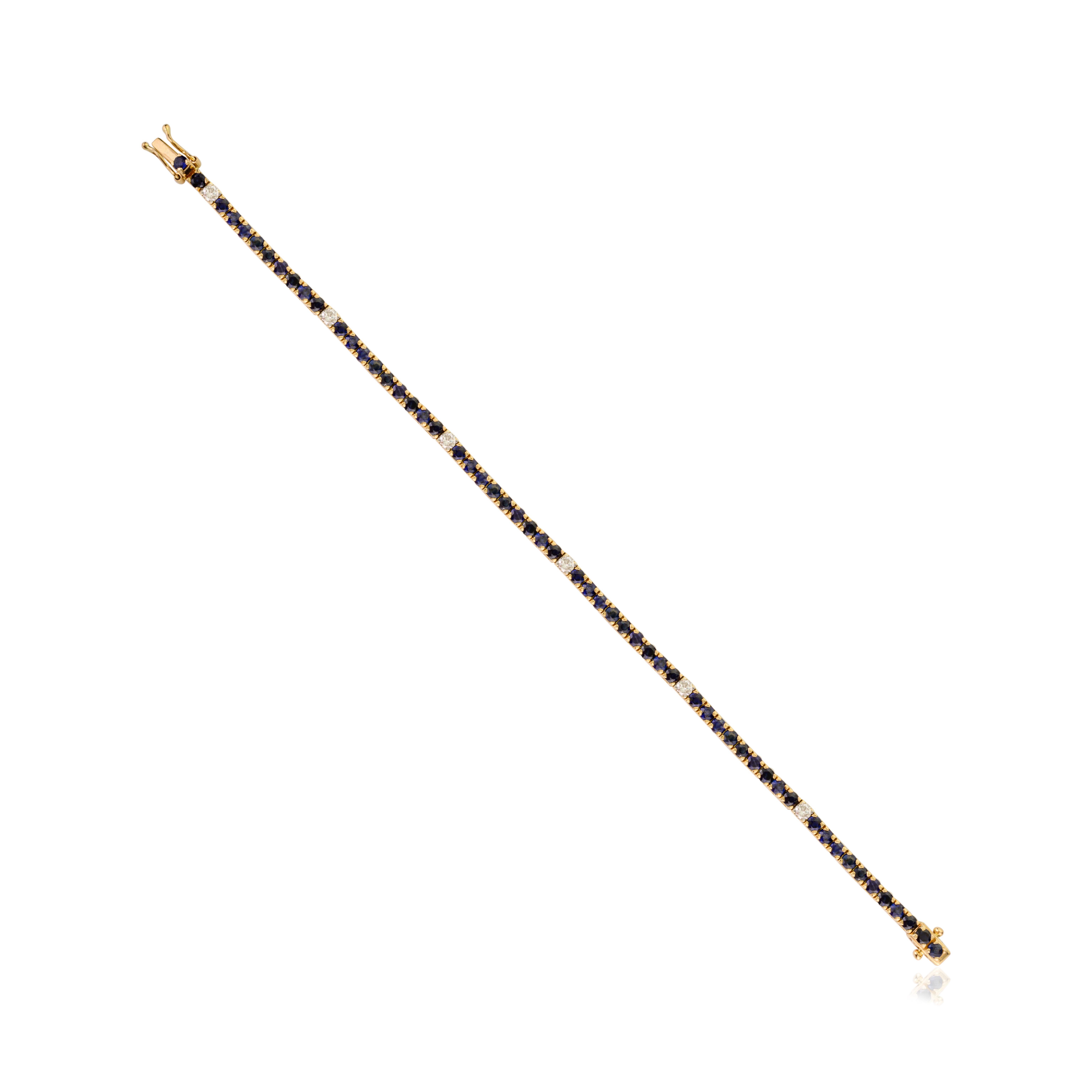 Classic 14k Yellow Gold Natural Blue Sapphire and Diamond Tennis Bracelet For Sale 1