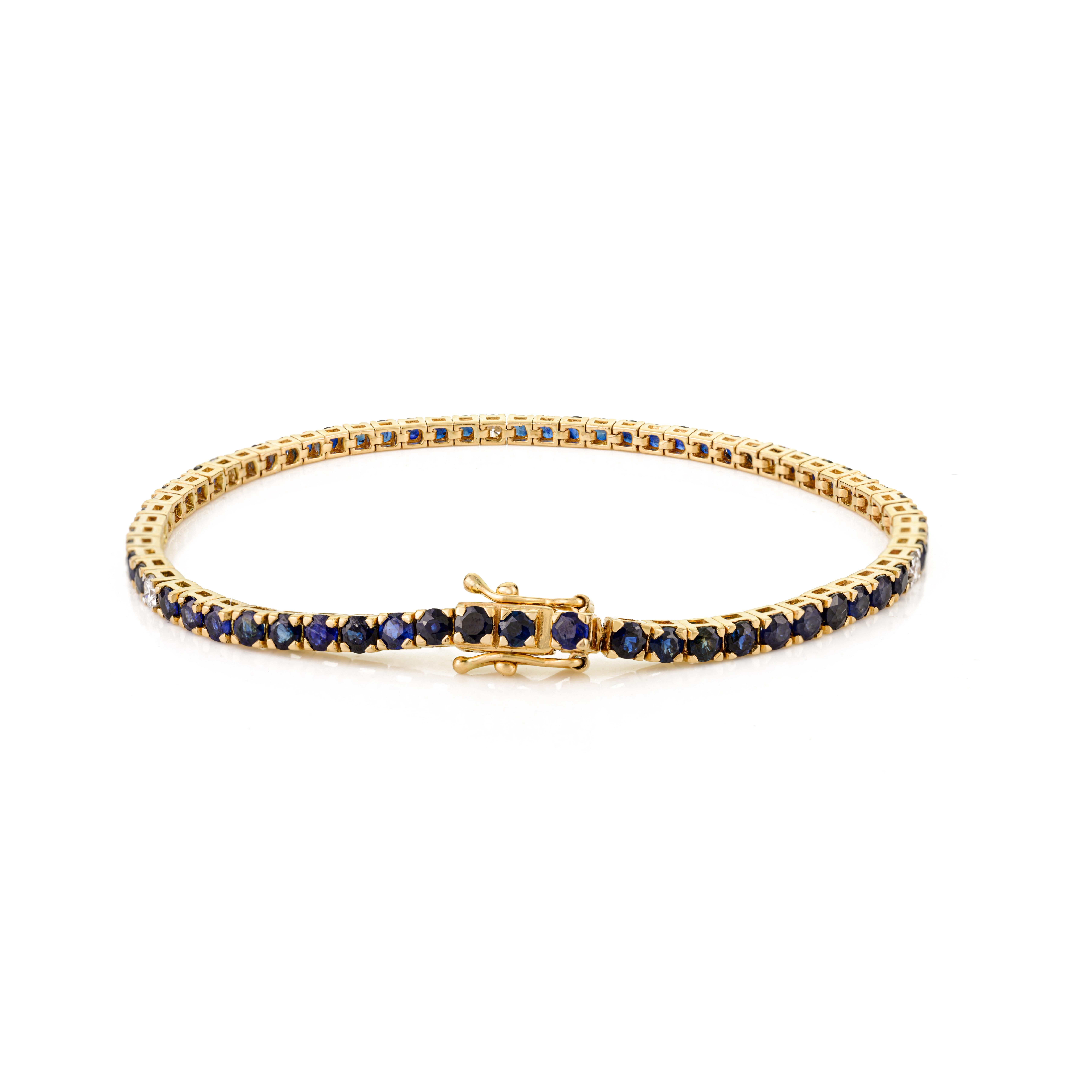 Classic 14k Yellow Gold Natural Blue Sapphire and Diamond Tennis Bracelet For Sale 3