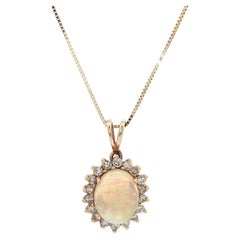 Classic 14k Yellow Gold Opal 0.45ct Diamond Halo Pendant 18" Box Chain Necklace