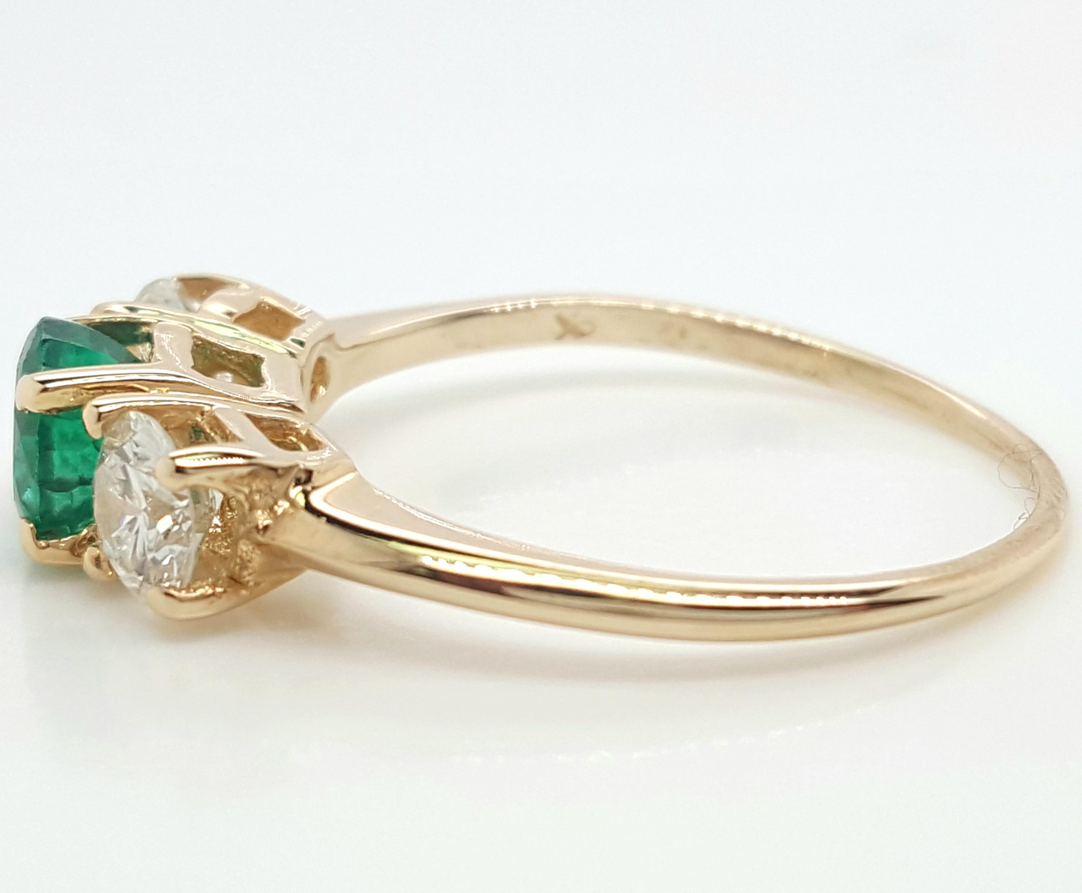 Round Cut Classic 14 Karat Yellow Gold Three-Stone Emerald and Diamond Ring