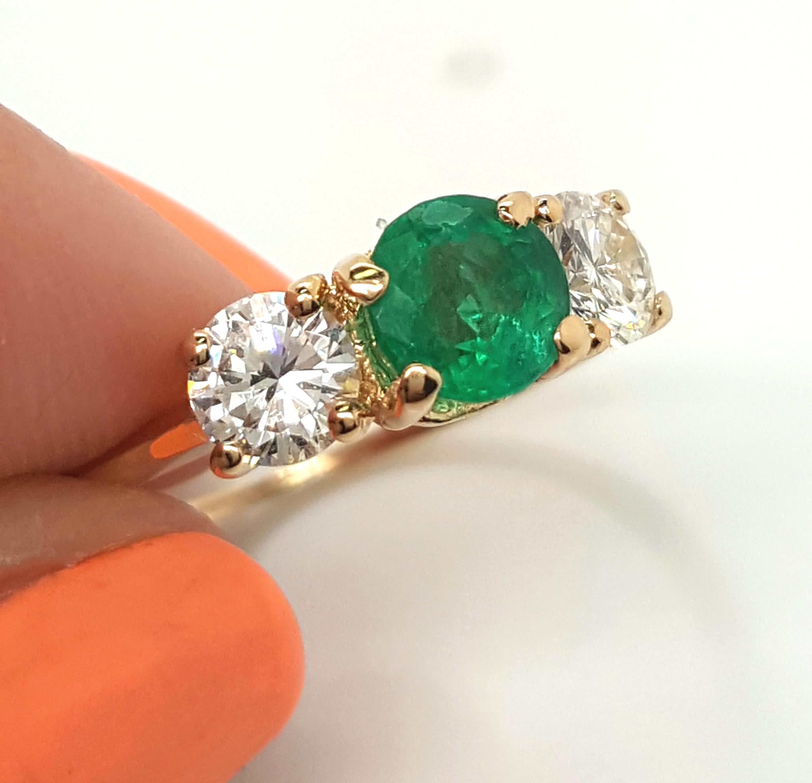 Classic 14 Karat Yellow Gold Three-Stone Emerald and Diamond Ring 1