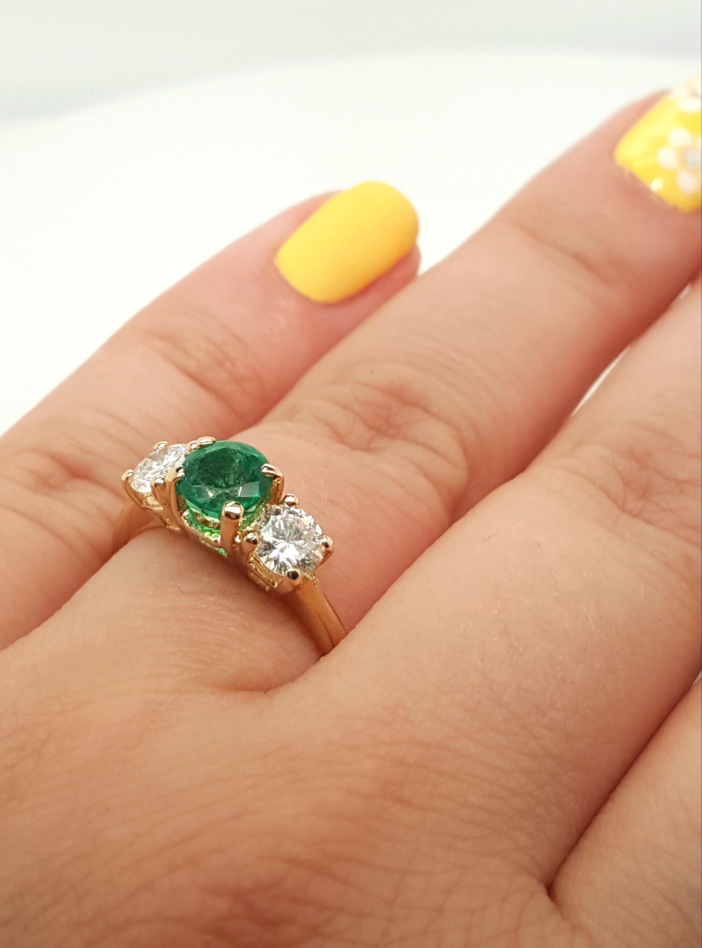 Classic 14 Karat Yellow Gold Three-Stone Emerald and Diamond Ring 2