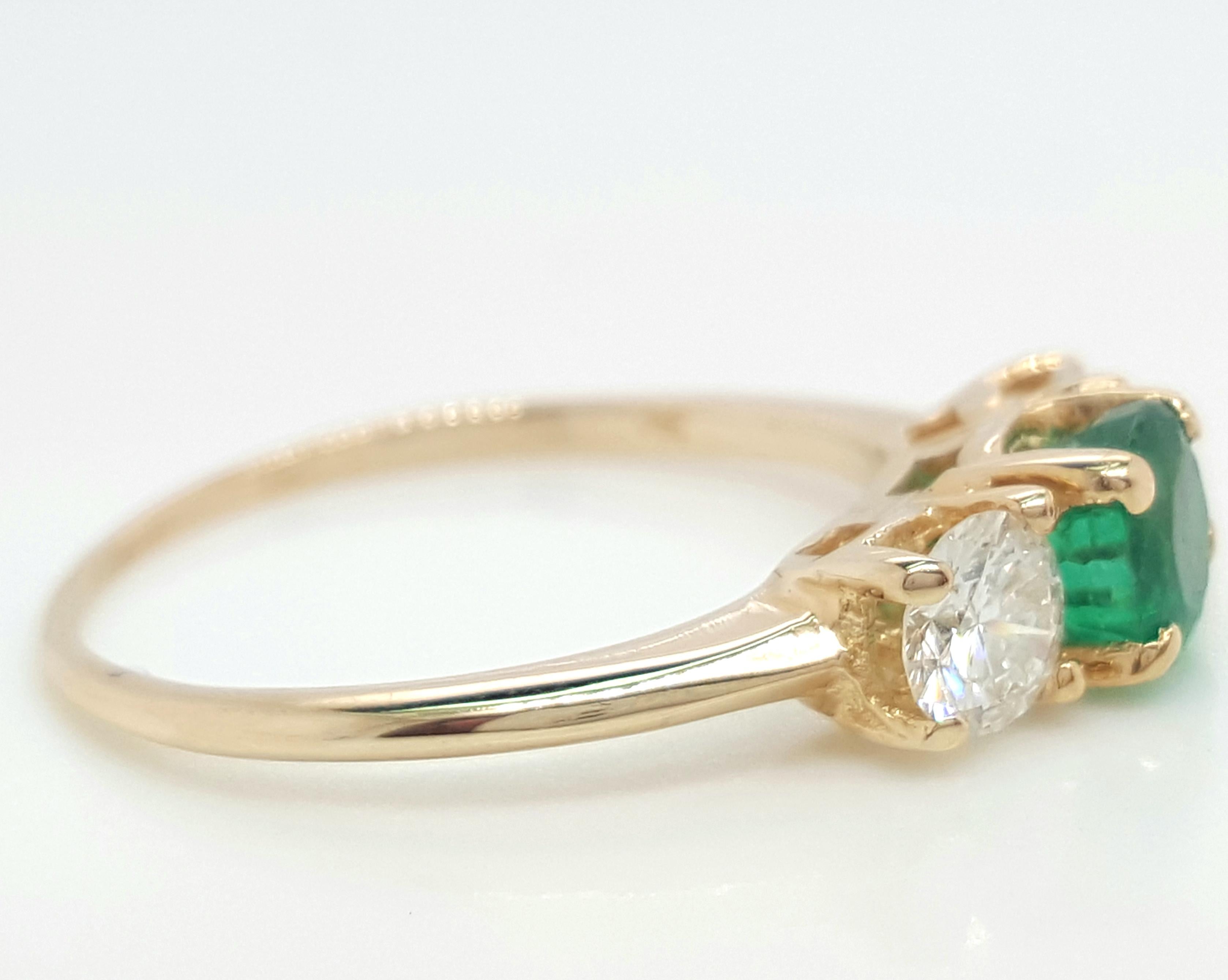 Classic 14 Karat Yellow Gold Three-Stone Emerald and Diamond Ring 3