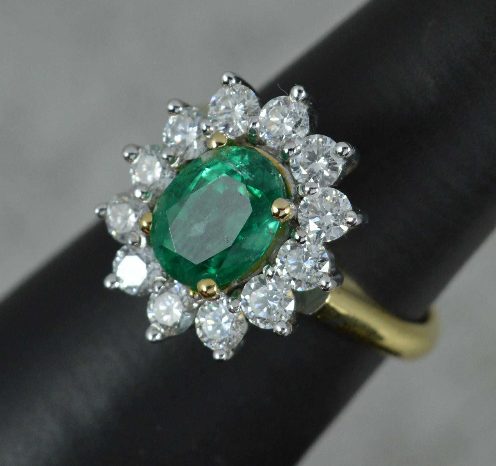 Classic 18 Carat Gold Emerald and Vs 1.2ct Diamond Cluster Ring For ...