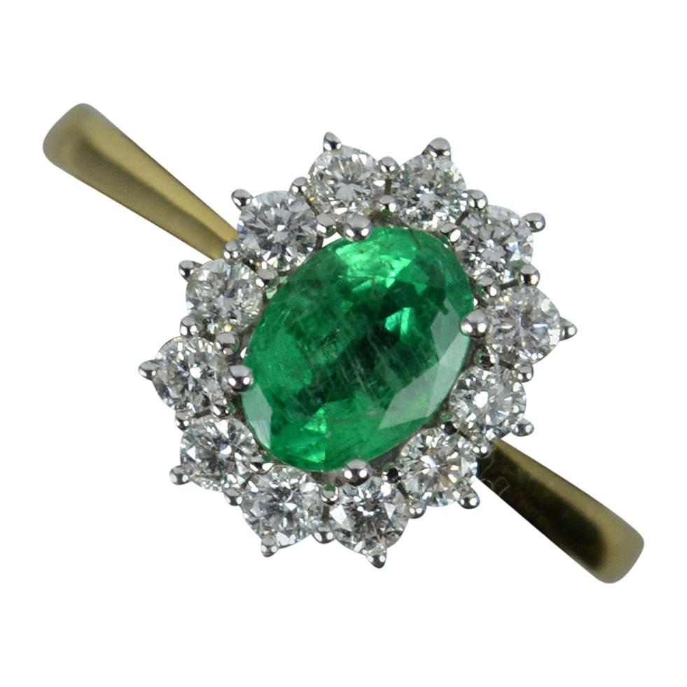 Classic 18 Carat Gold Emerald and Vs Diamond Cluster Ring