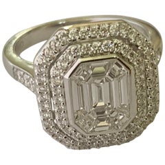 Classic 18 K Gold Emerald Cut Illusion Set Cluster Ring with a Micro Set Border