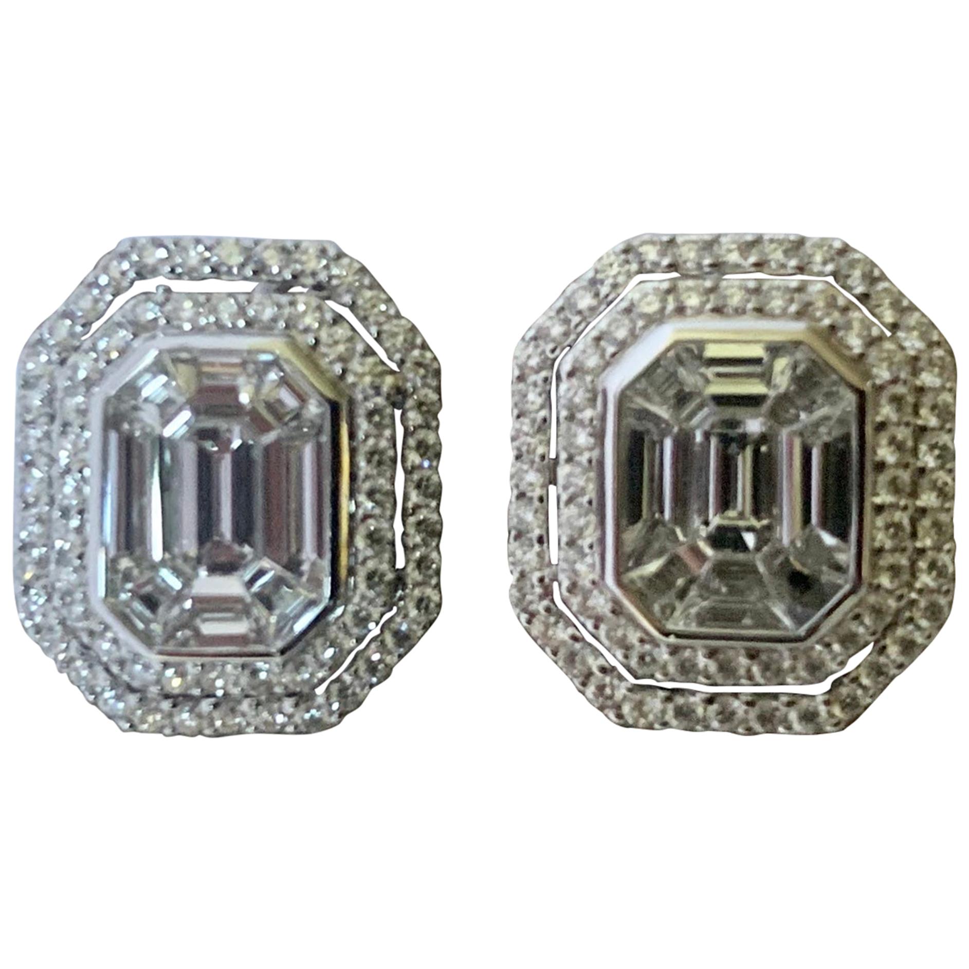 Classic 18 Karat Gold Emerald Cut Illusion Set Cluster Earrings