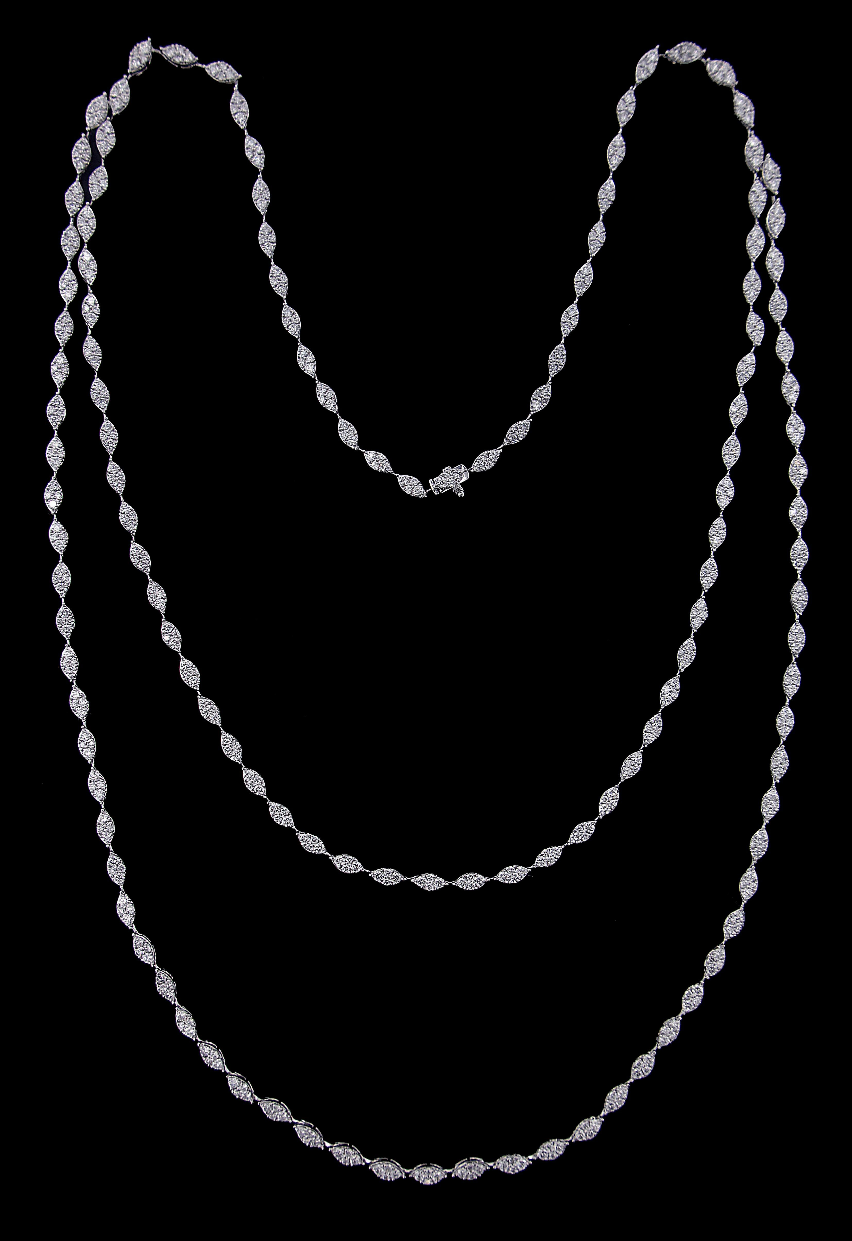 Necklace:
Diamonds of approximately 11.689 carats, mounted on 18 karat white gold necklace. The Necklace weighs approximately around 37.172 grams.
