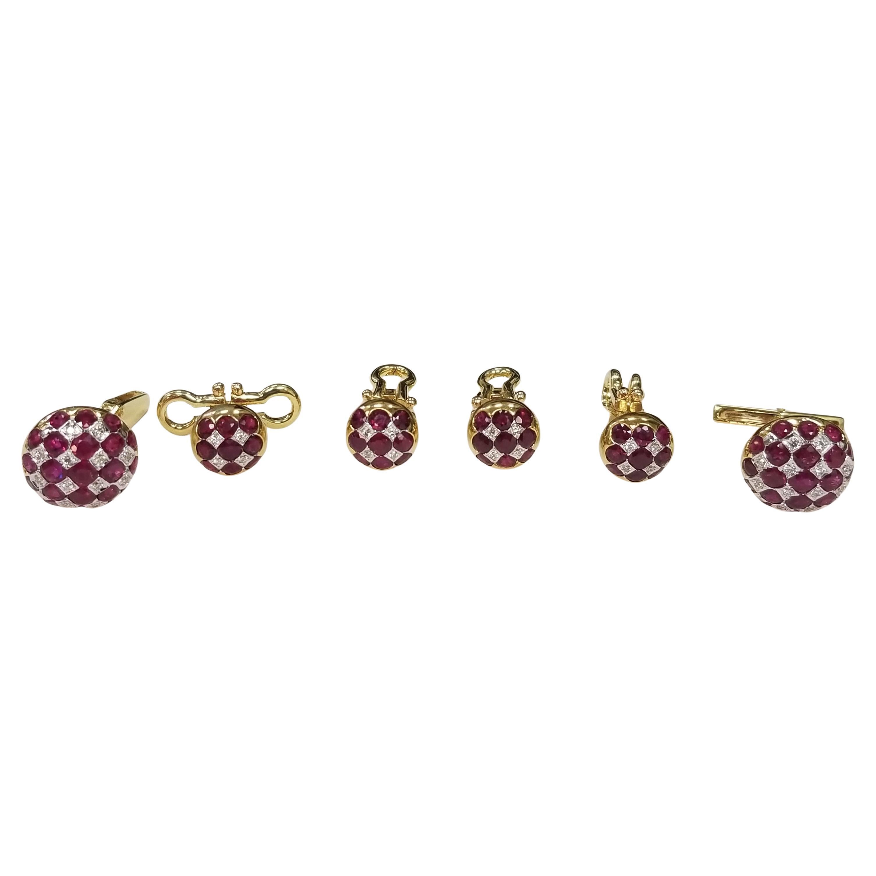Classic 18 Karat Yellow Gold Ruby and Diamond Cufflink & Stud Set