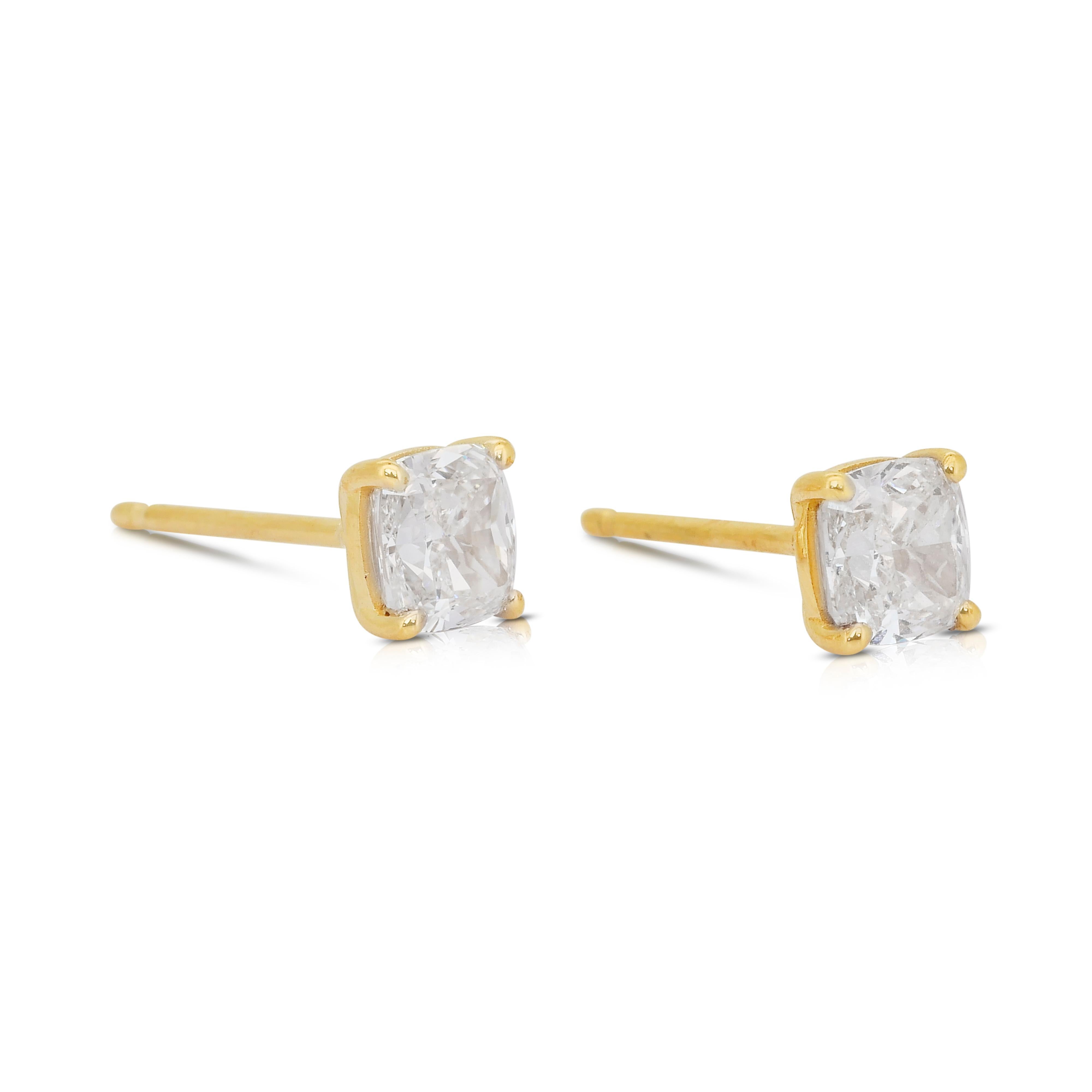 Cushion Cut Classic 1.85ct Diamonds Stud Earrings in 18k Yellow Gold - IGI Certified For Sale