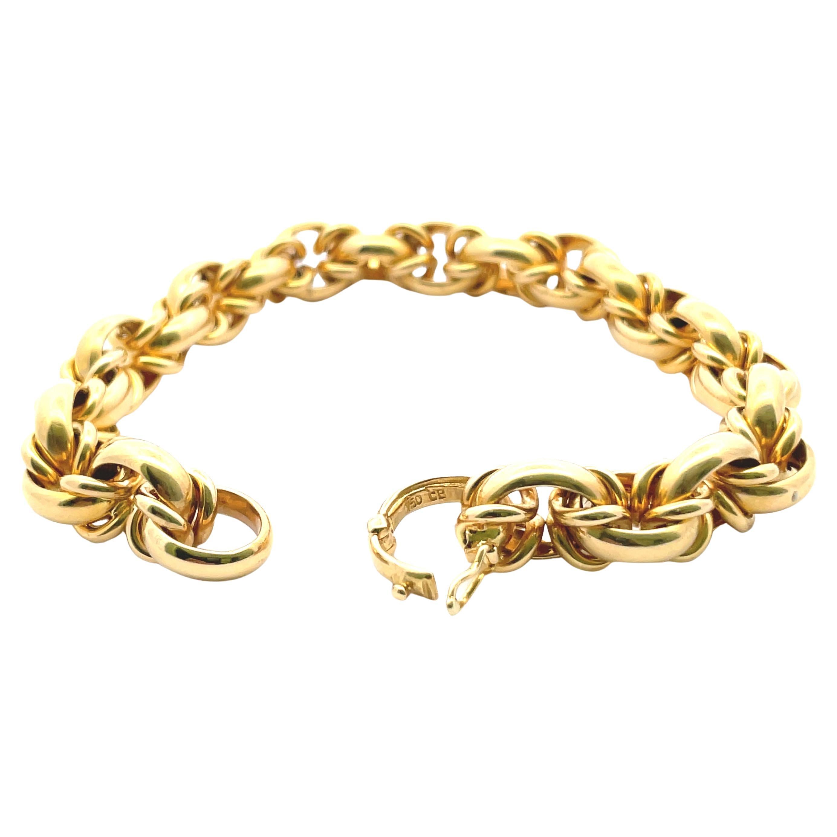 Klassisches Gliederarmband aus 18 Karat Gelbgold im byzantinischen Stil, in ausgezeichnetem Zustand, ca. 1980er Jahre, mit Klickverschluss mit Sicherung, Maße 8,5″ lang, 3/8″ breit.