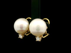 Classic 18k Gold 13mm Large Pearls w/ 0.40ctw Diamond Button Clip On Earrings