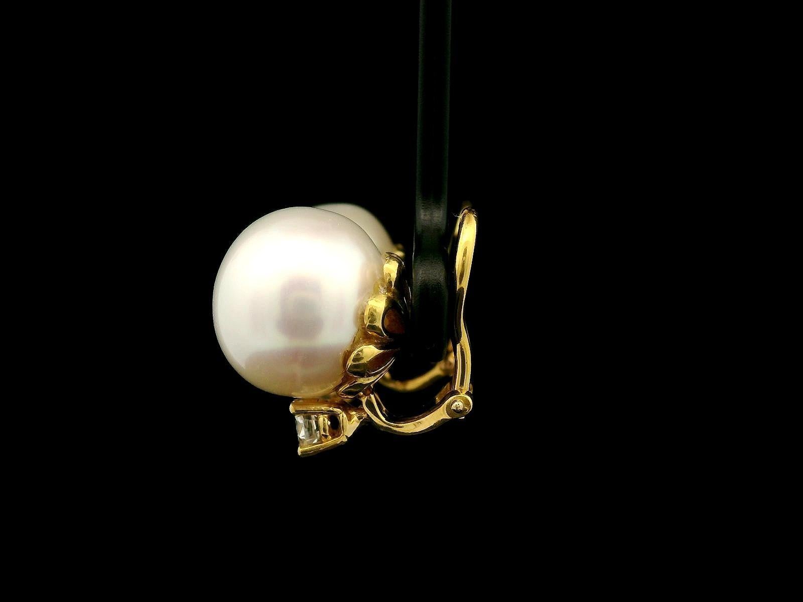 Round Cut Classic 18k Gold 13mm Large Pearls w/ 0.40ctw Diamond Button Clip On Earrings For Sale