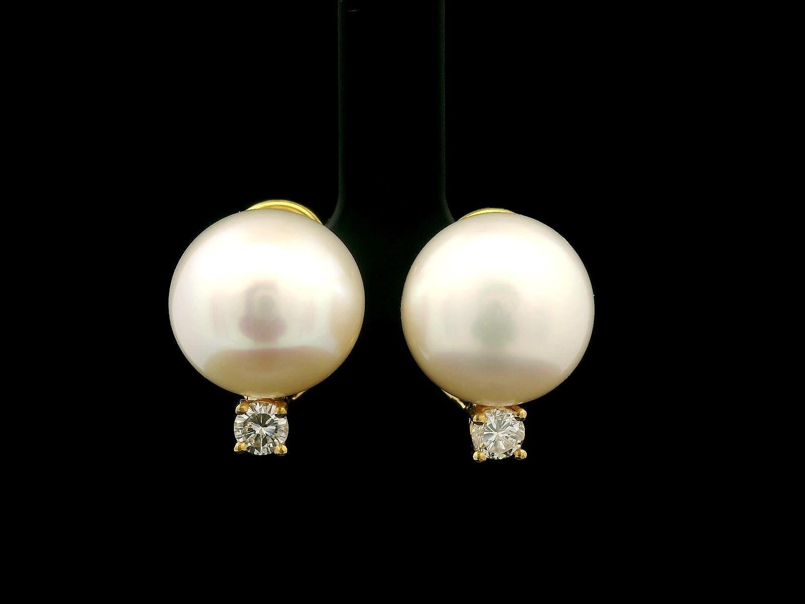 Classic 18k Gold 13mm Large Pearls w/ 0.40ctw Diamond Button Clip On Earrings For Sale 1