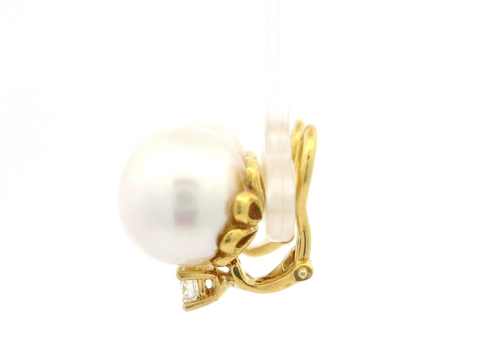 Classic 18k Gold 13mm Large Pearls w/ 0.40ctw Diamond Button Clip On Earrings For Sale 4