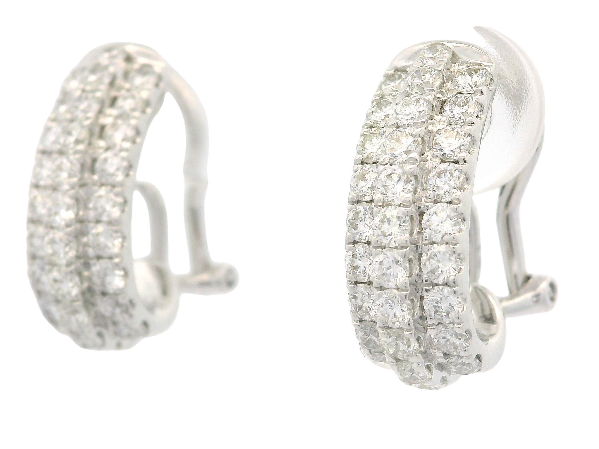 Classic 18k White Gold 1.16ctw High Quality Diamond 3 Row Cuff Omega Earrings 1