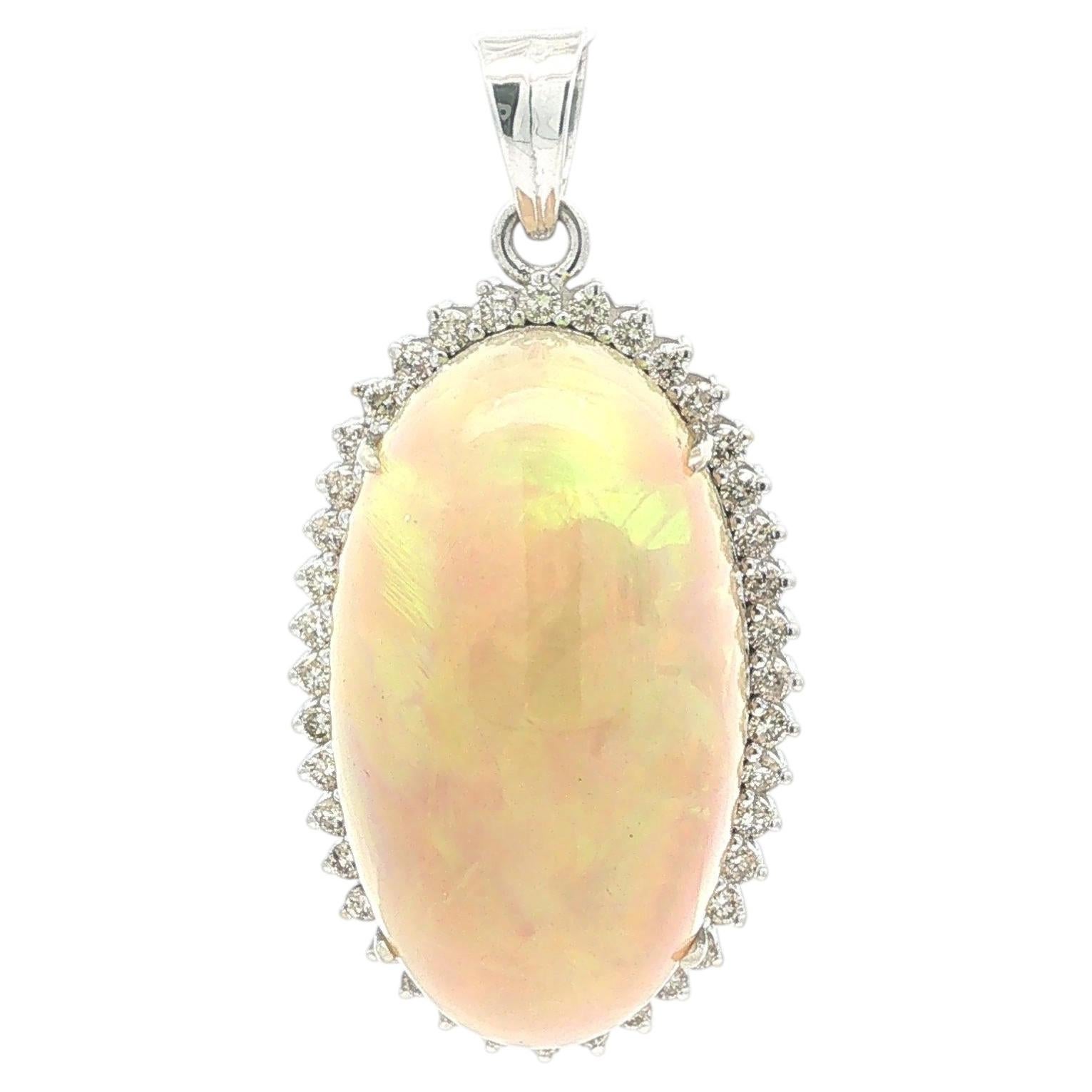 Classic 18k White Gold Large 36.76ctw Large Opal w/ Diamond Halo Pendant