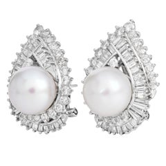 Classic 18K White Gold Pearl Diamond Clip-On Earrings