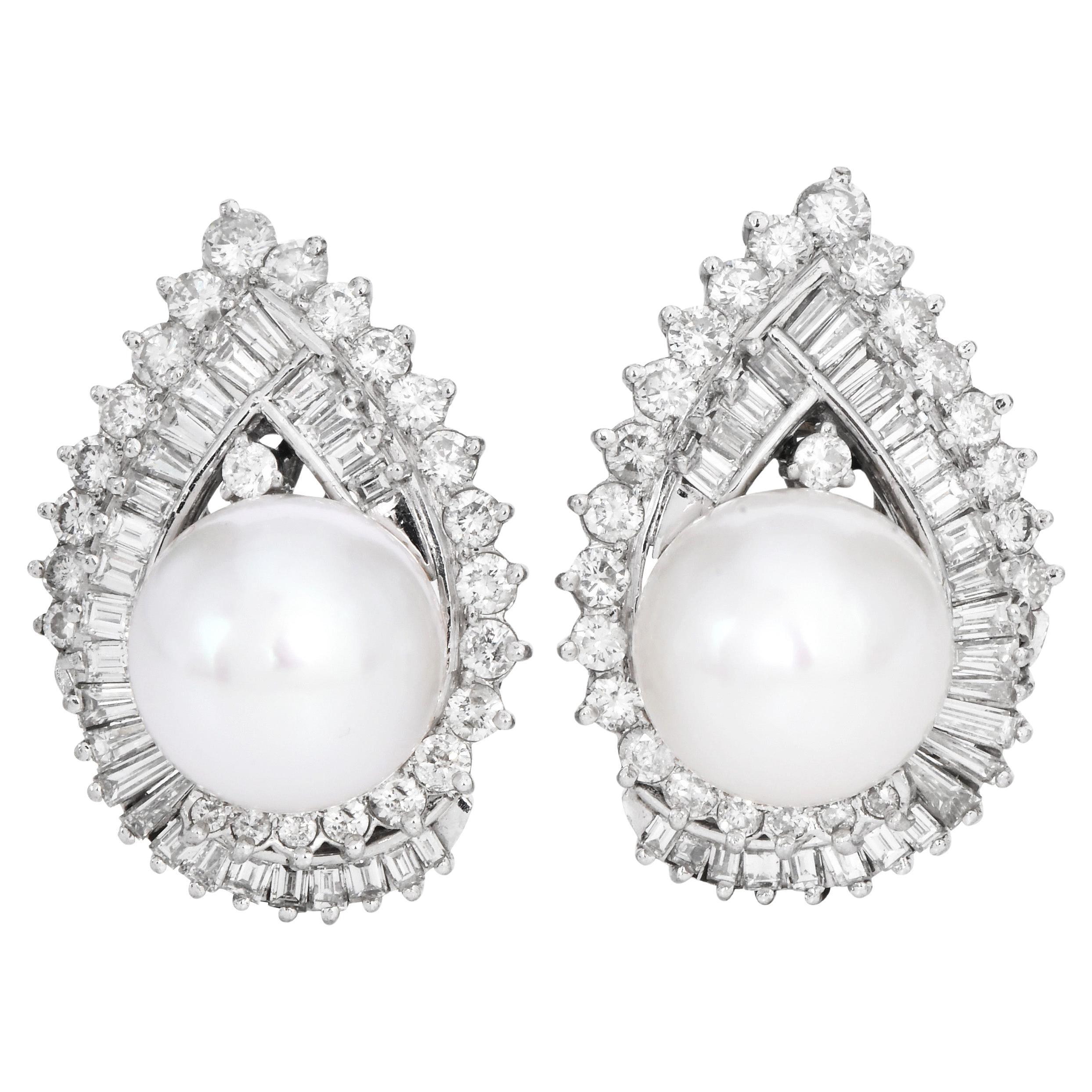 Classic 18K White Gold Pearl Diamond Clip-On Earrings